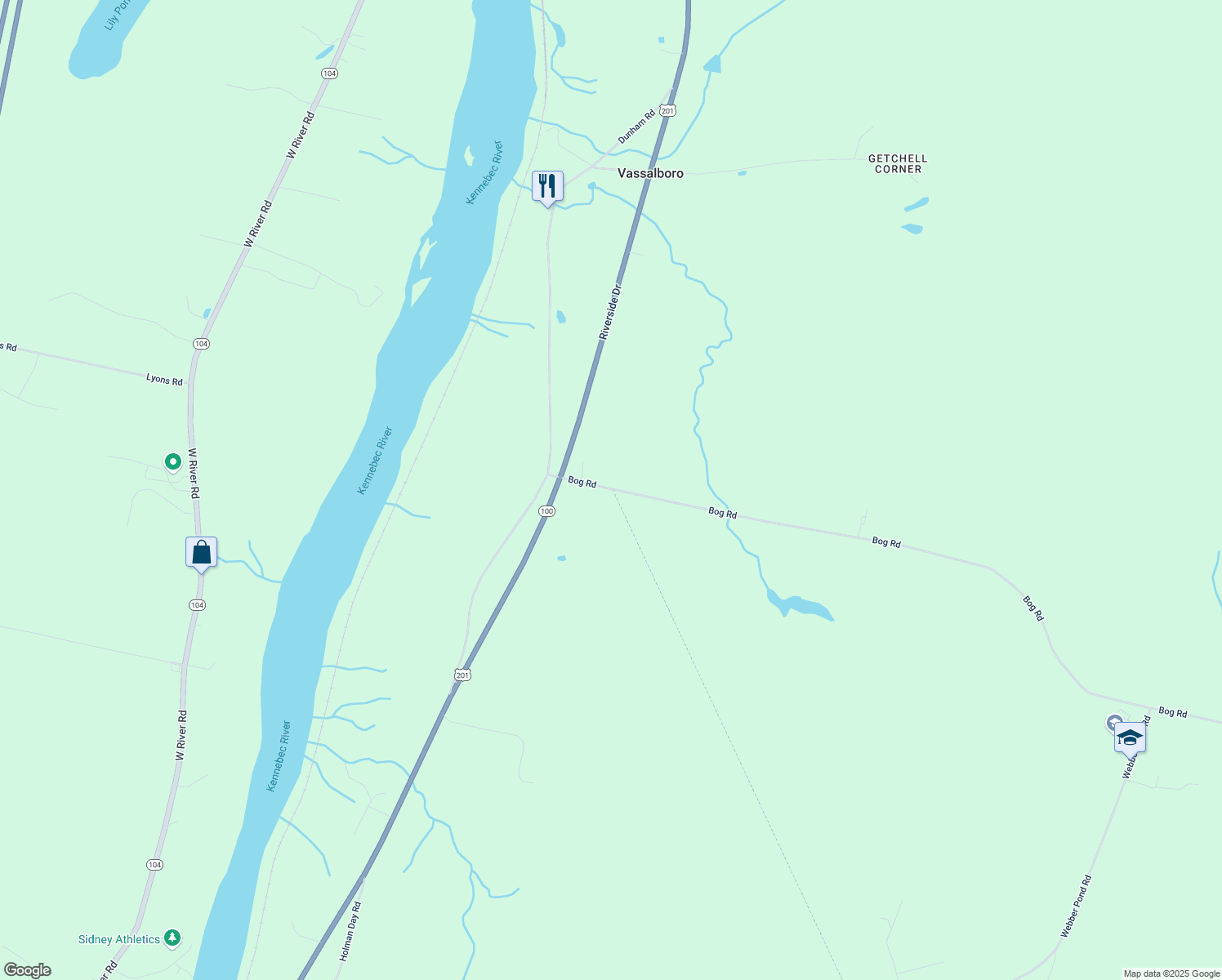 map of restaurants, bars, coffee shops, grocery stores, and more near 37 Bog Road in Vassalboro