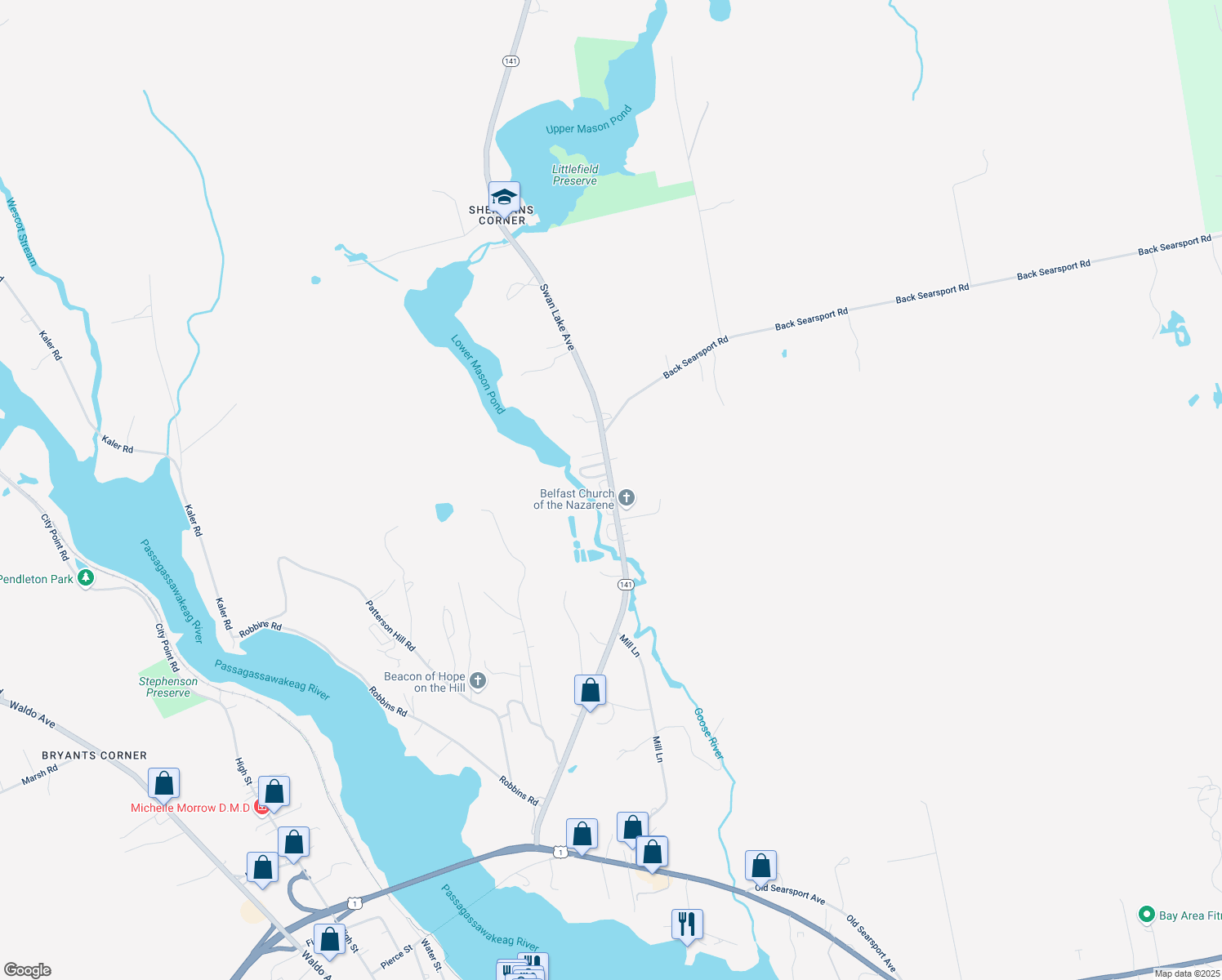 map of restaurants, bars, coffee shops, grocery stores, and more near 6 Bluebird Circle in Belfast