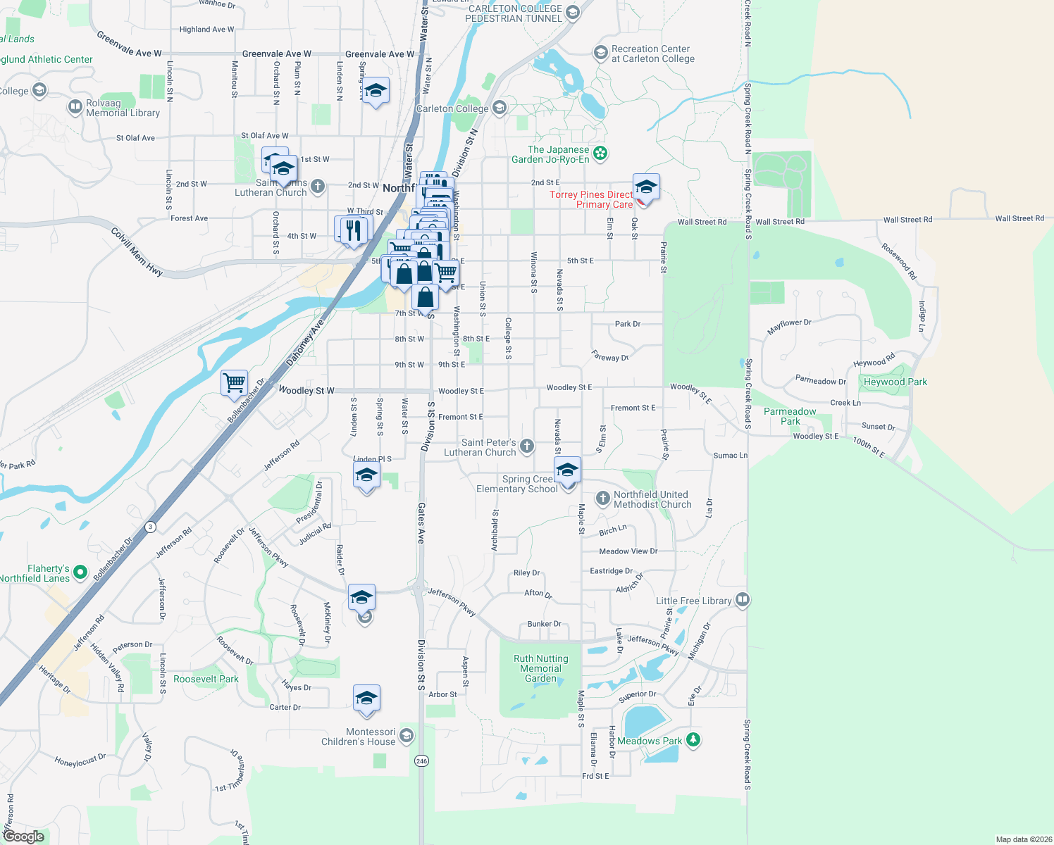 map of restaurants, bars, coffee shops, grocery stores, and more near 1108 Winona Street in Northfield