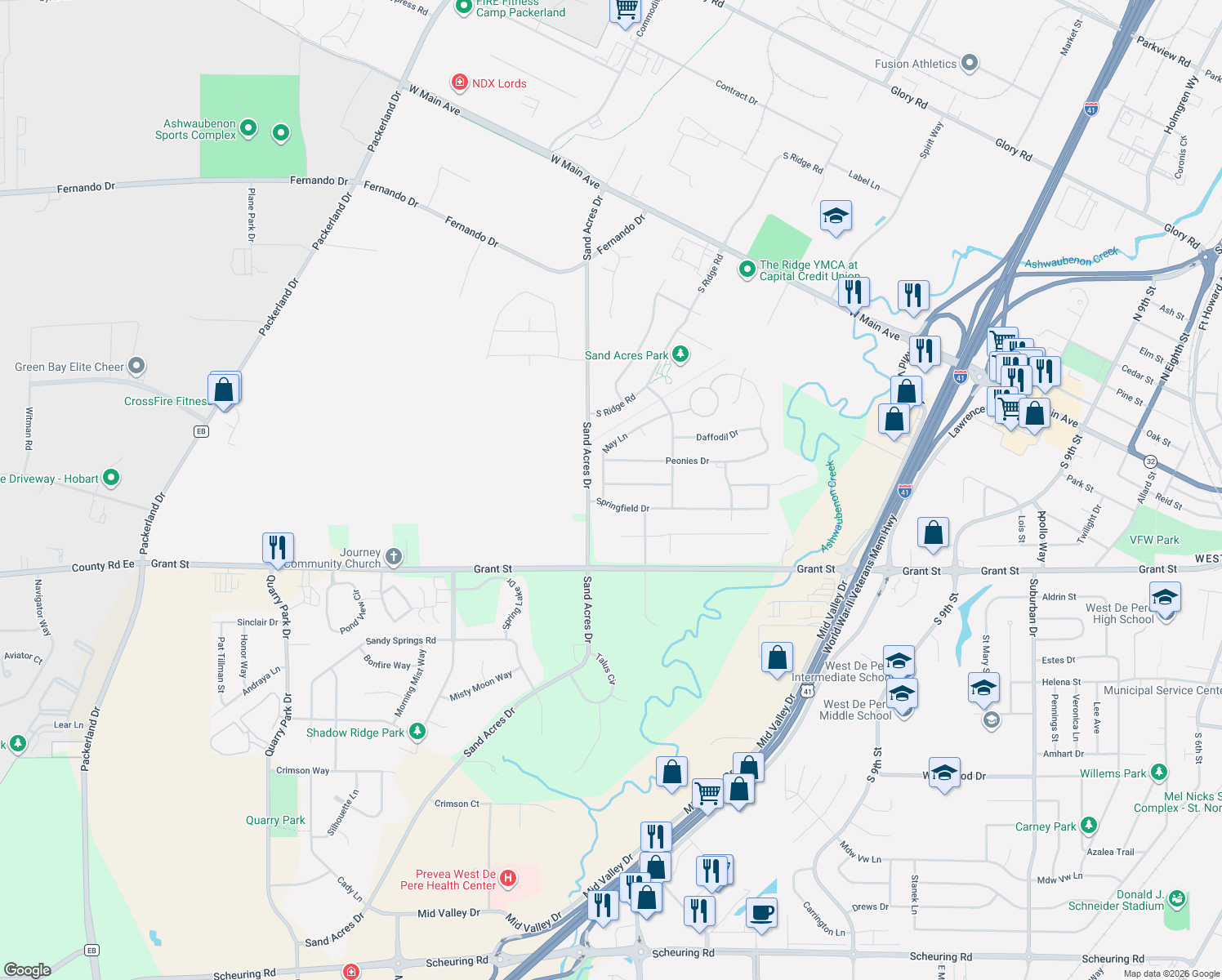 map of restaurants, bars, coffee shops, grocery stores, and more near 3777 May Lane in De Pere