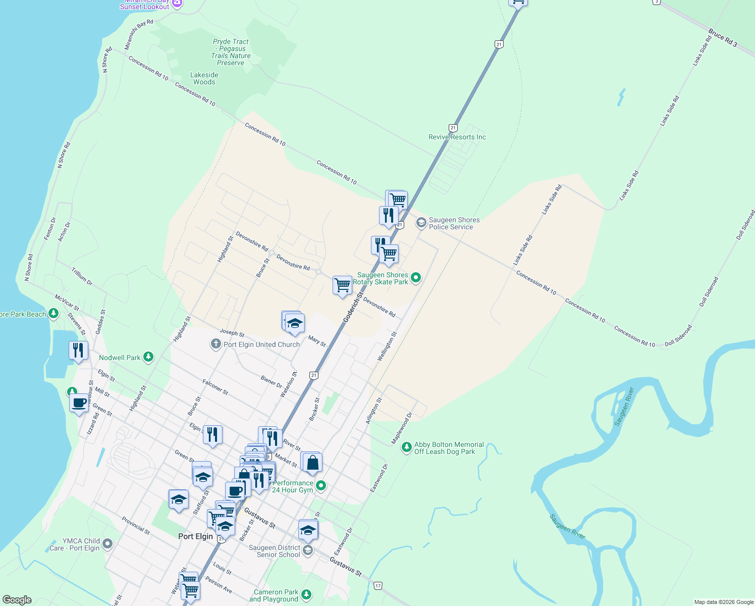 map of restaurants, bars, coffee shops, grocery stores, and more near 643 Devonshire Road in Port Elgin