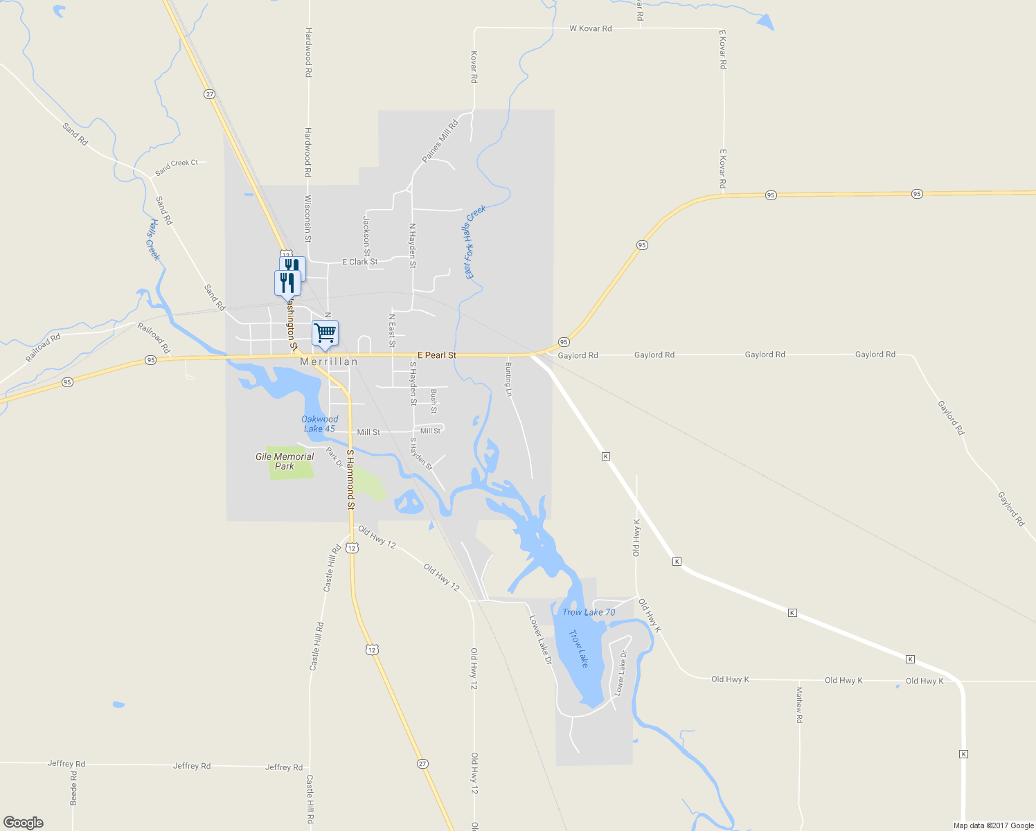 map of restaurants, bars, coffee shops, grocery stores, and more near Bunting Lane in Merrillan