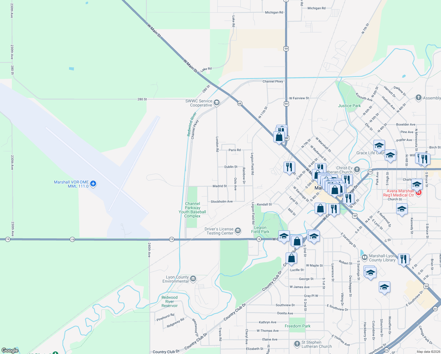 map of restaurants, bars, coffee shops, grocery stores, and more near 221 London Road in Marshall