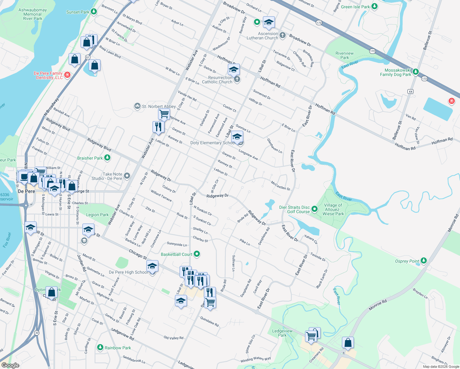 map of restaurants, bars, coffee shops, grocery stores, and more near 817 Spooner Ct in De Pere
