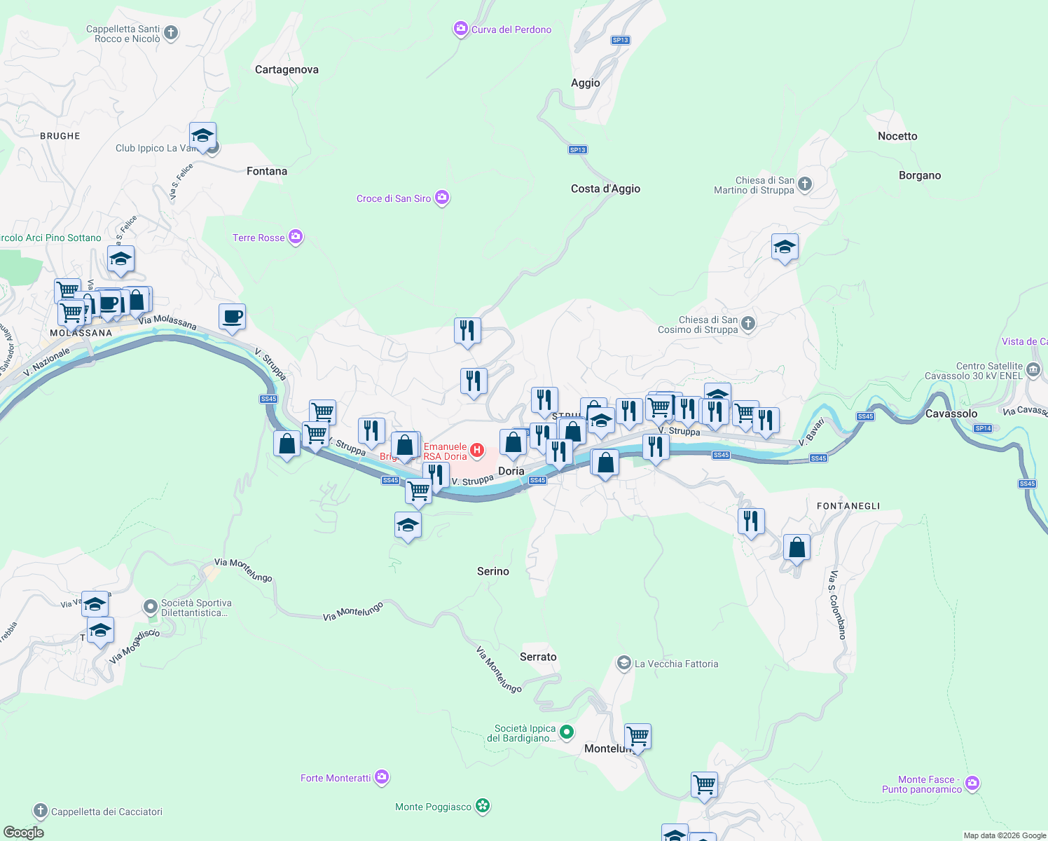 map of restaurants, bars, coffee shops, grocery stores, and more near 421 Via Rio Torbido in Genoa