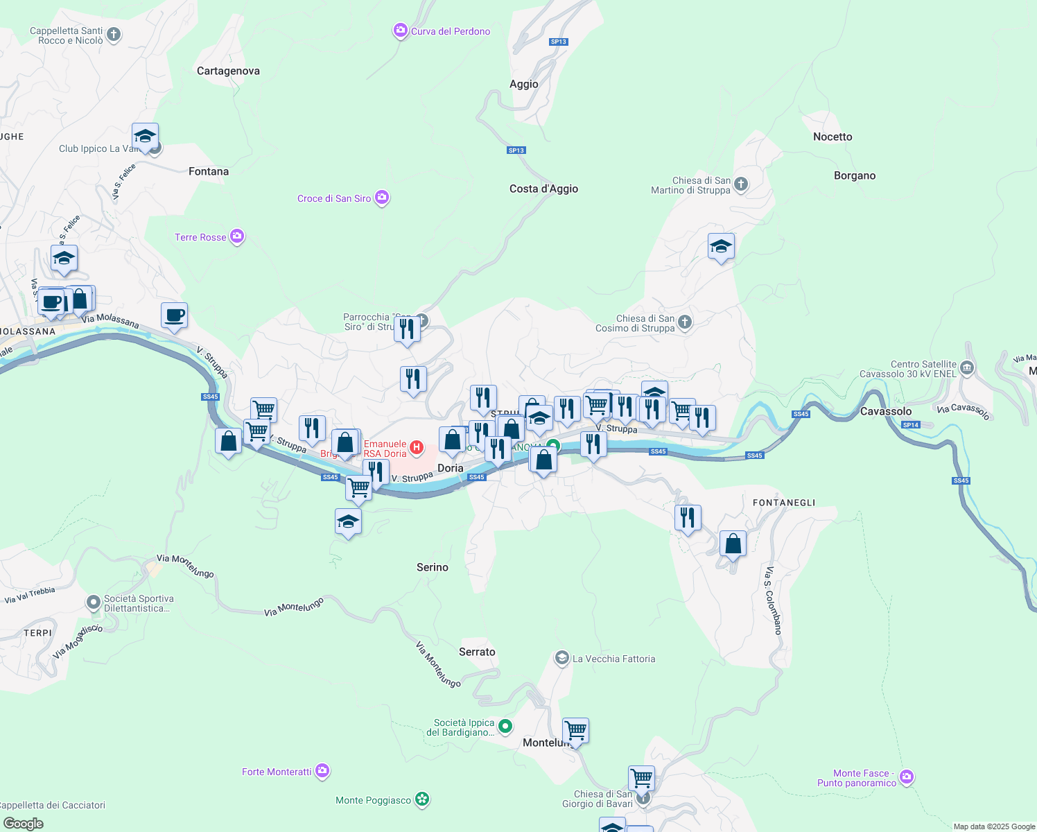 map of restaurants, bars, coffee shops, grocery stores, and more near 23 Passo Rio Torbido in Genova