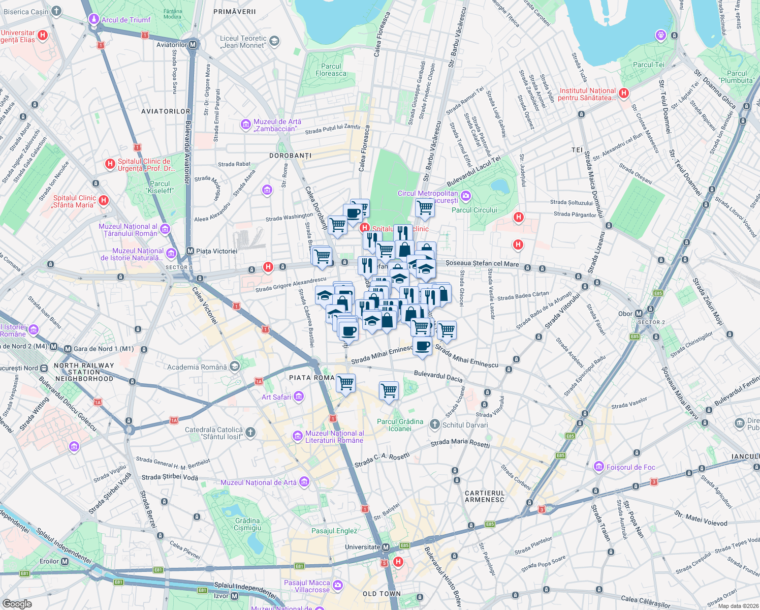 map of restaurants, bars, coffee shops, grocery stores, and more near 68 Strada Polonă in București