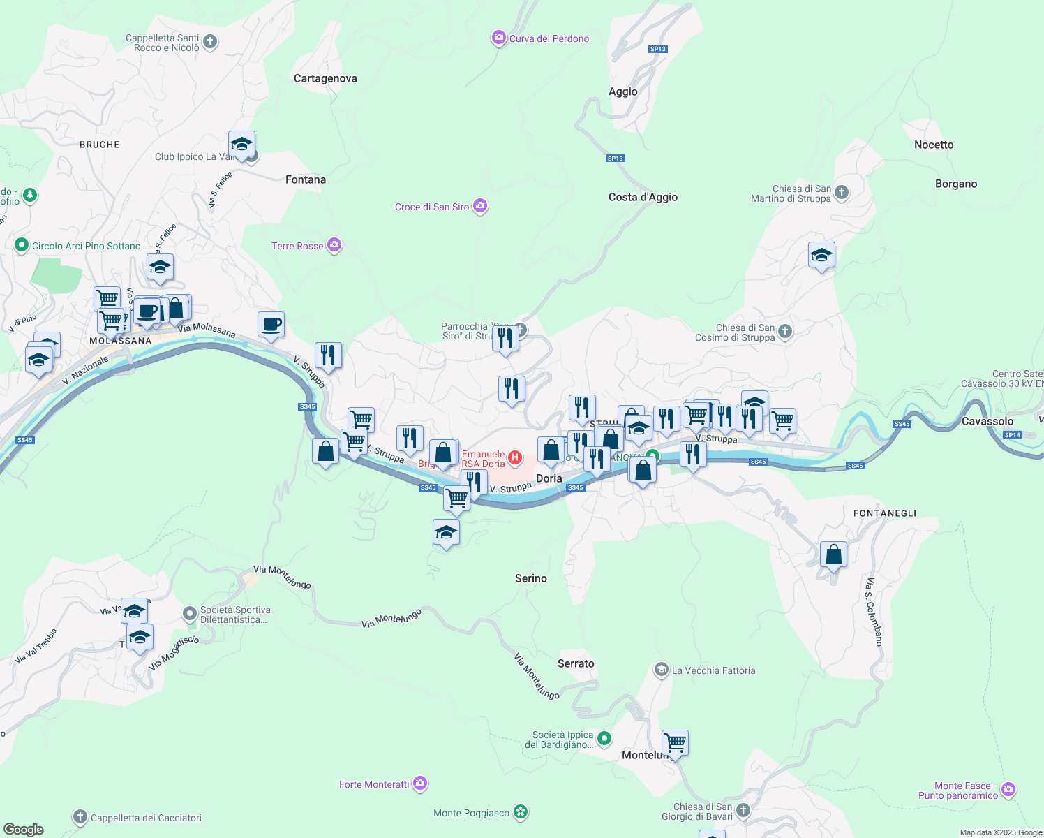 map of restaurants, bars, coffee shops, grocery stores, and more near Passo Renato in Genova