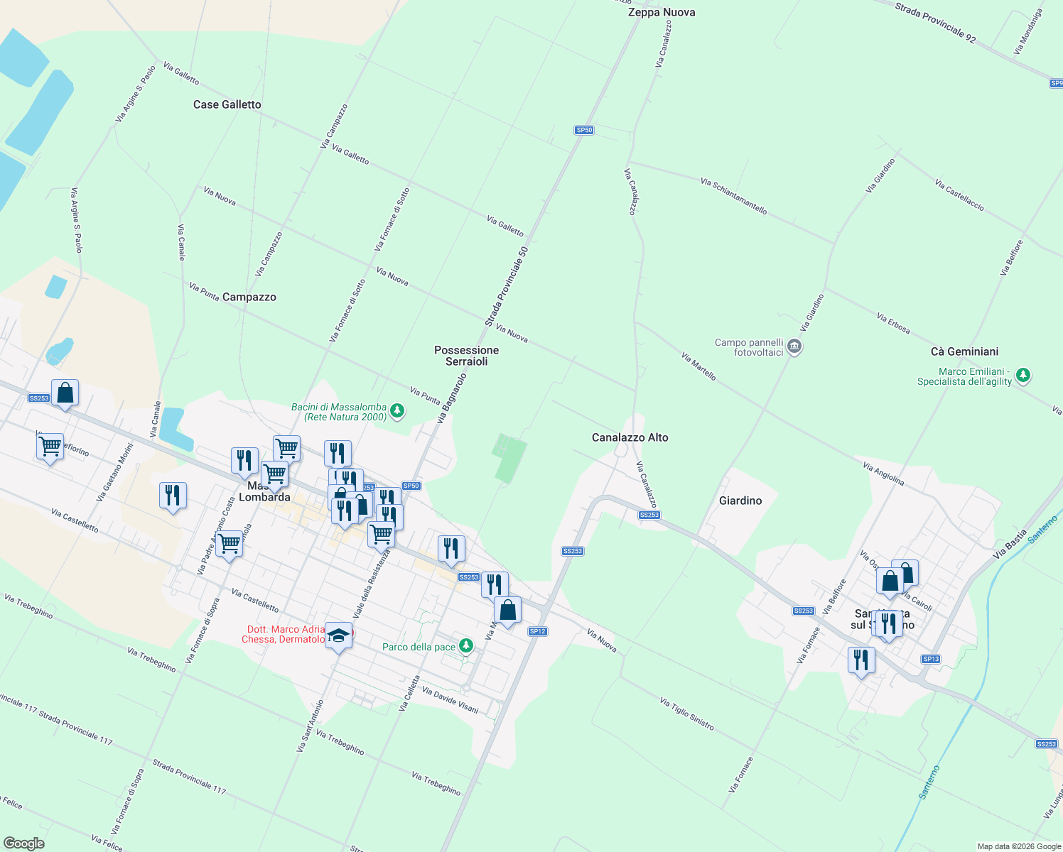 map of restaurants, bars, coffee shops, grocery stores, and more near 13 Via Cimitero in Provincia di Ravenna