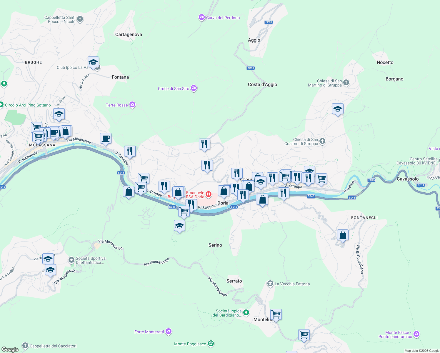 map of restaurants, bars, coffee shops, grocery stores, and more near 15 Via di Creto in Genova