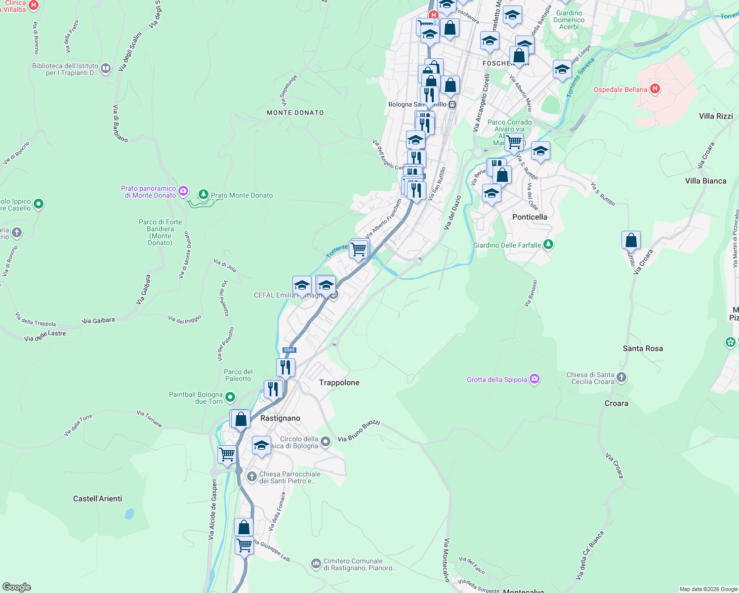 map of restaurants, bars, coffee shops, grocery stores, and more near 33 Via la Bastia in Bologna