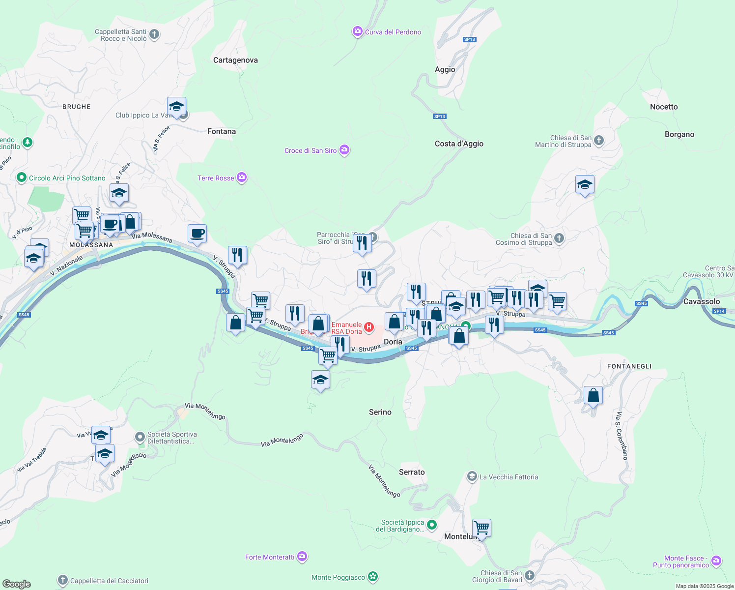 map of restaurants, bars, coffee shops, grocery stores, and more near Passo Renato in Genova