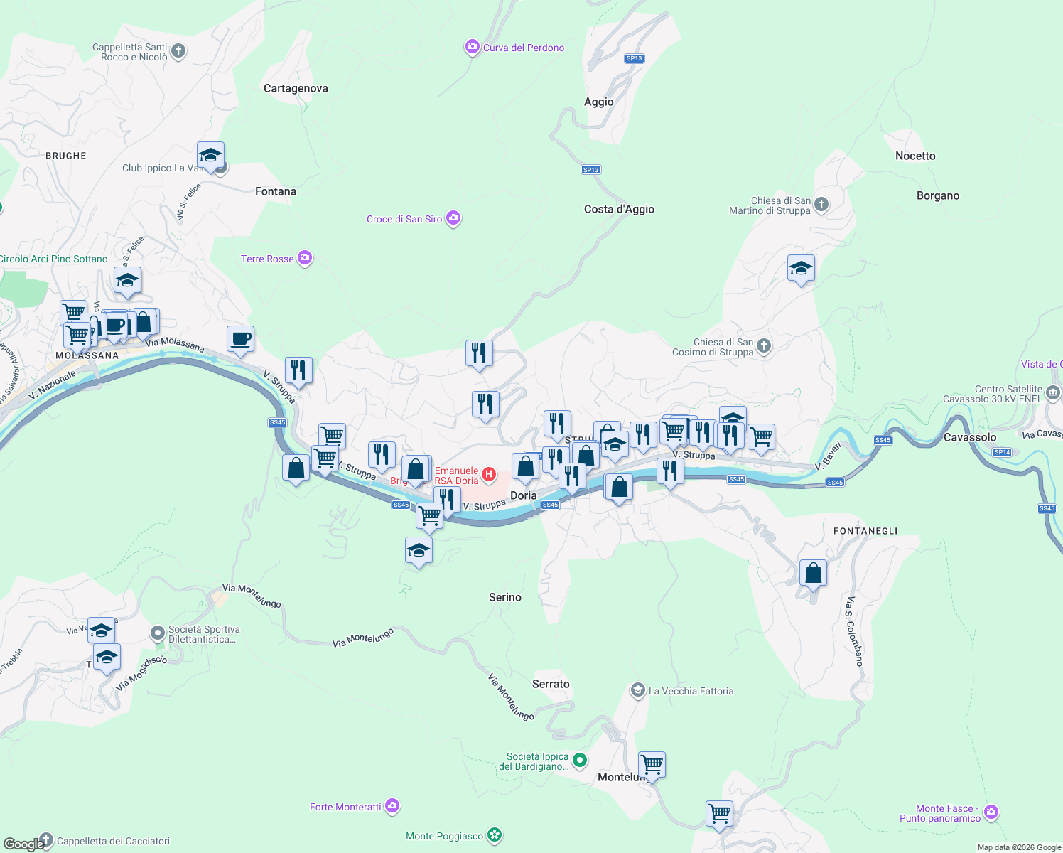 map of restaurants, bars, coffee shops, grocery stores, and more near 15 Via di Creto in Genova