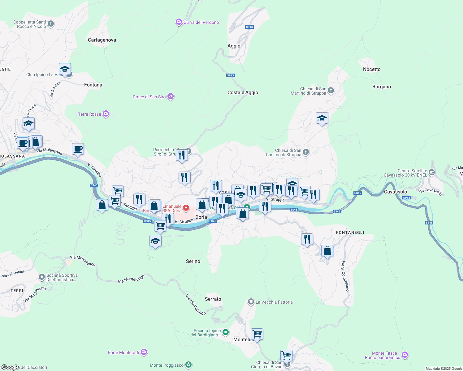 map of restaurants, bars, coffee shops, grocery stores, and more near 23 Passo Rio Torbido in Genova