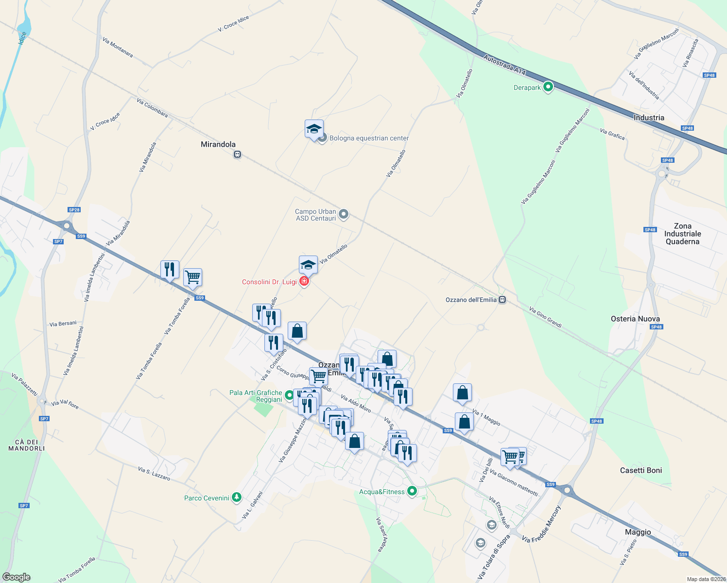 map of restaurants, bars, coffee shops, grocery stores, and more near 11 Via Ambiente in Ozzano Dell`Emilia