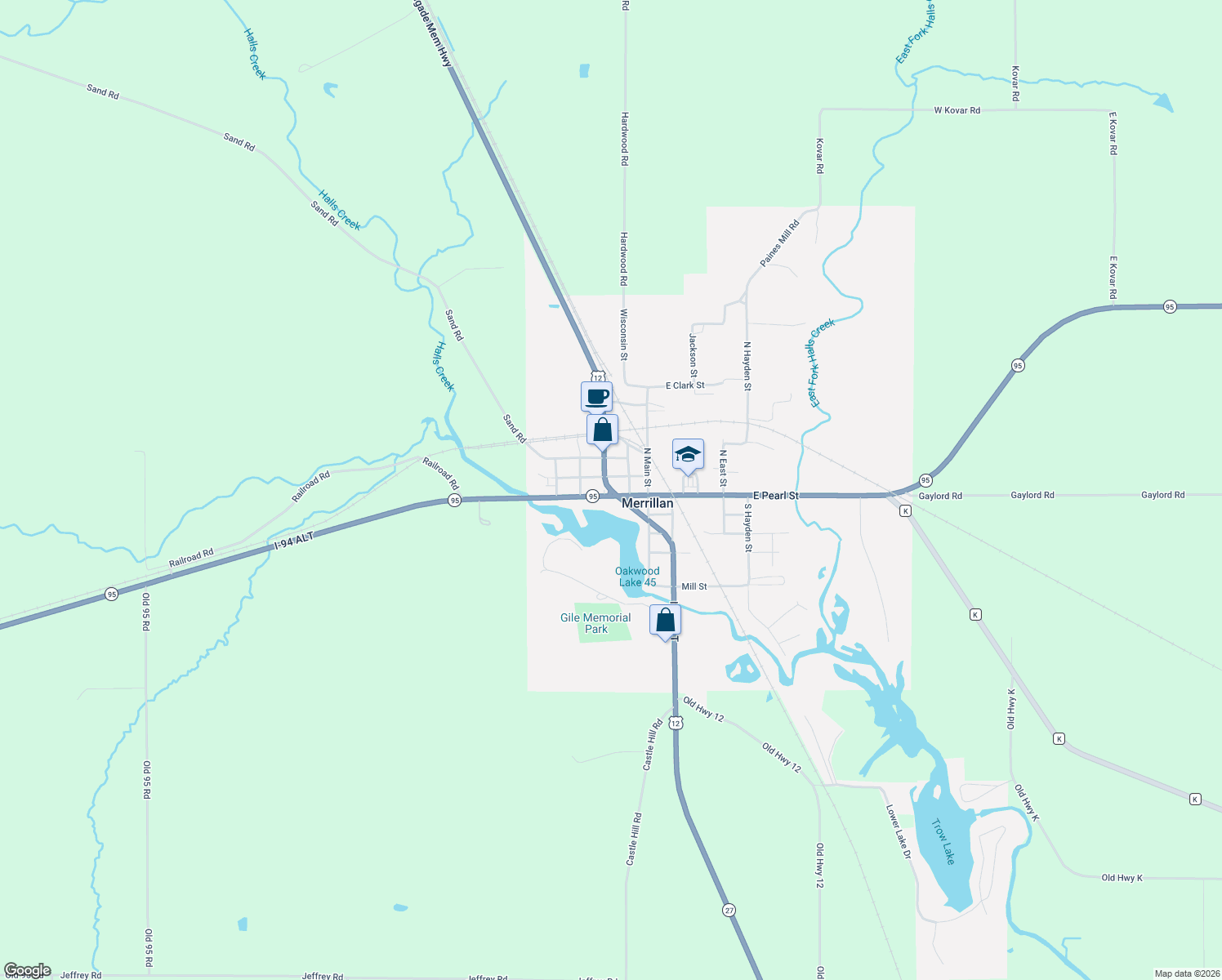 map of restaurants, bars, coffee shops, grocery stores, and more near Highway 27 in Merrillan