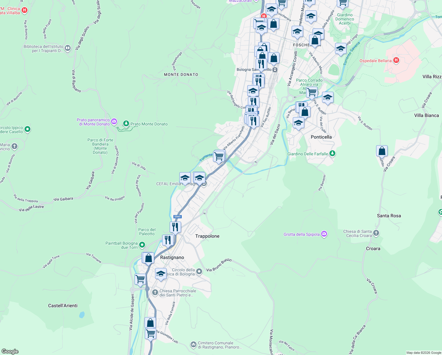 map of restaurants, bars, coffee shops, grocery stores, and more near 33 Via la Bastia in Bologna