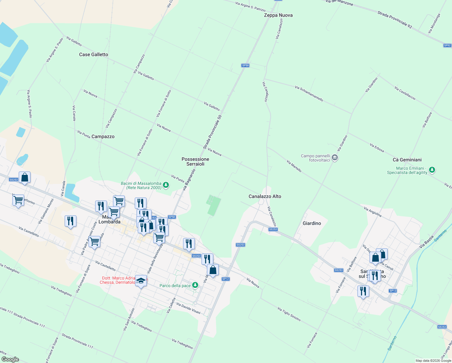 map of restaurants, bars, coffee shops, grocery stores, and more near 13 Via Cimitero in Provincia di Ravenna