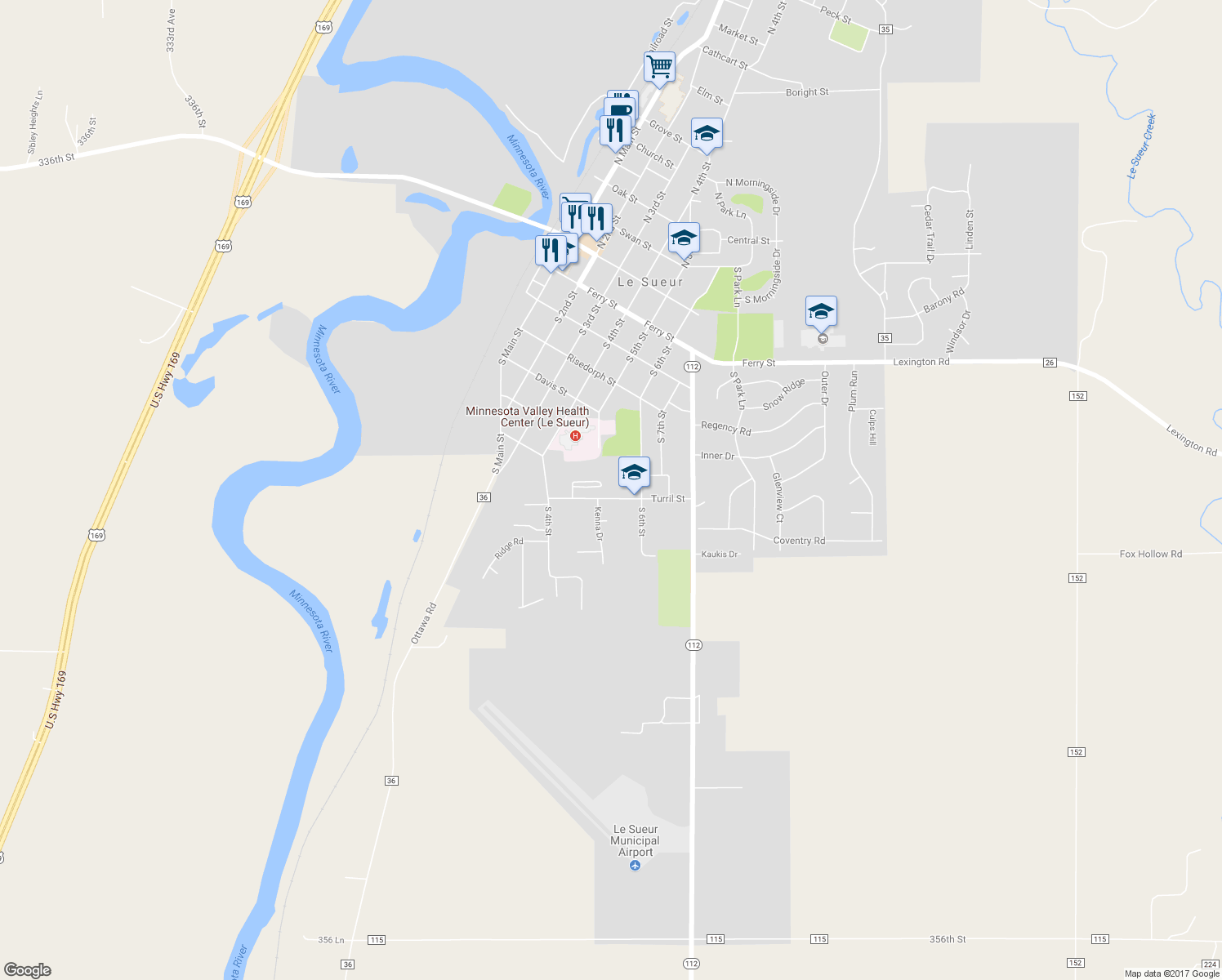map of restaurants, bars, coffee shops, grocery stores, and more near 529 Turril Street in Le Sueur