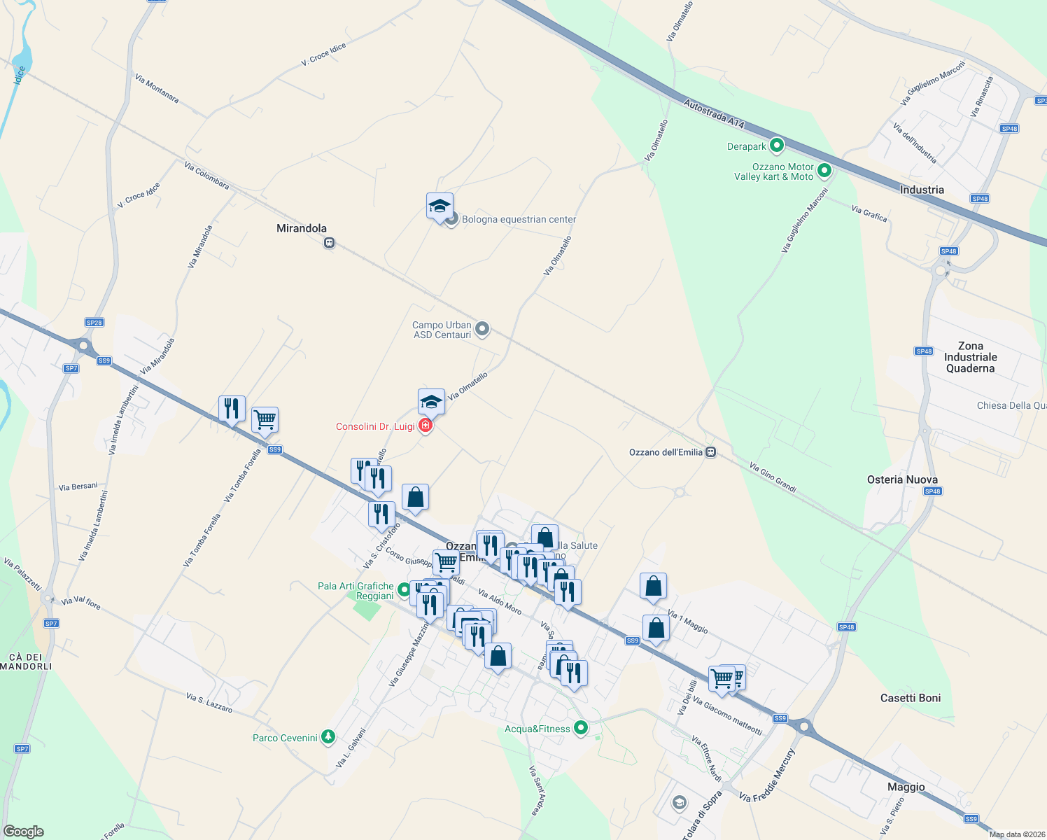 map of restaurants, bars, coffee shops, grocery stores, and more near 21 Via Ambiente in Ozzano Dell`Emilia