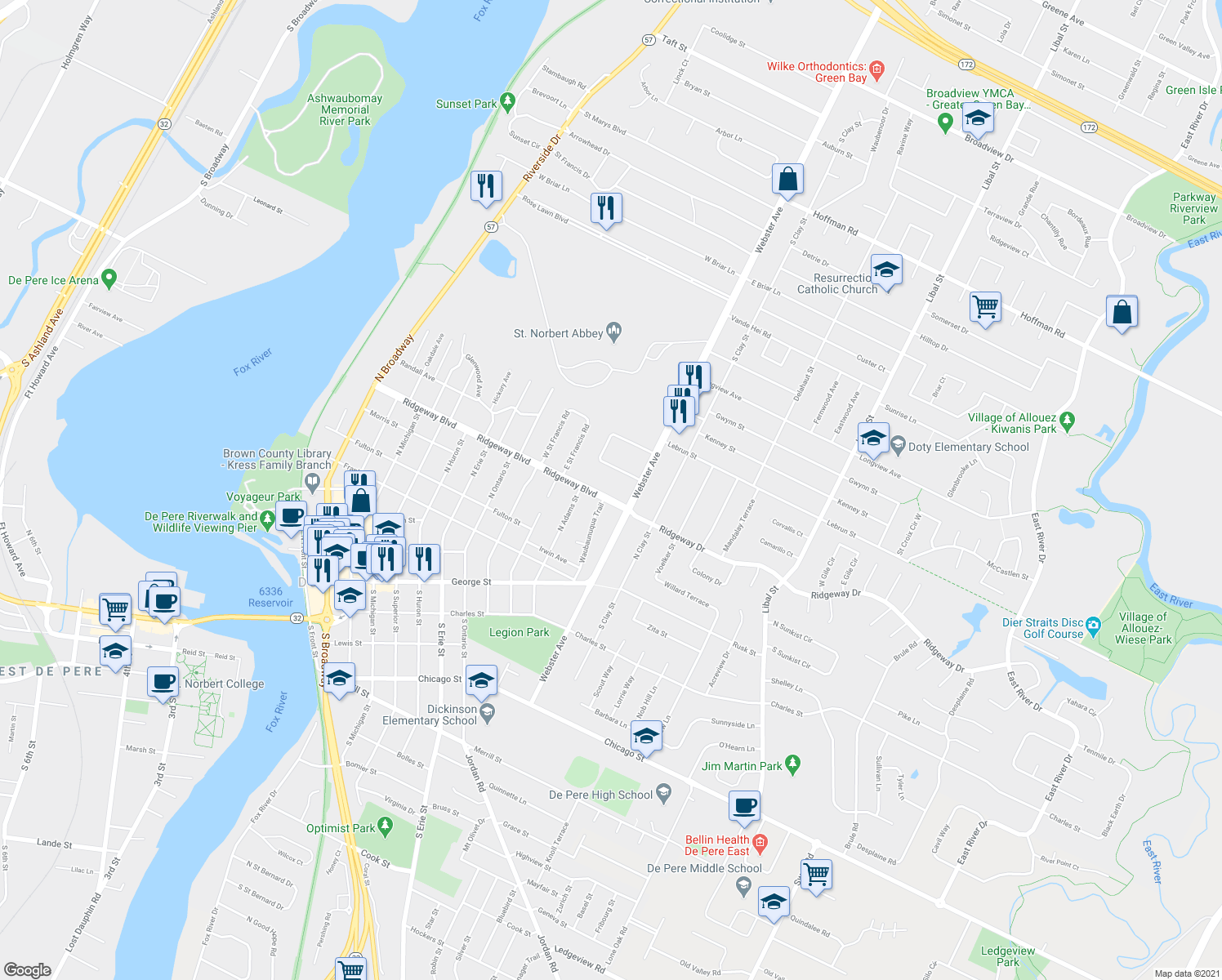 map of restaurants, bars, coffee shops, grocery stores, and more near 1327 Ridgeway Boulevard in De Pere