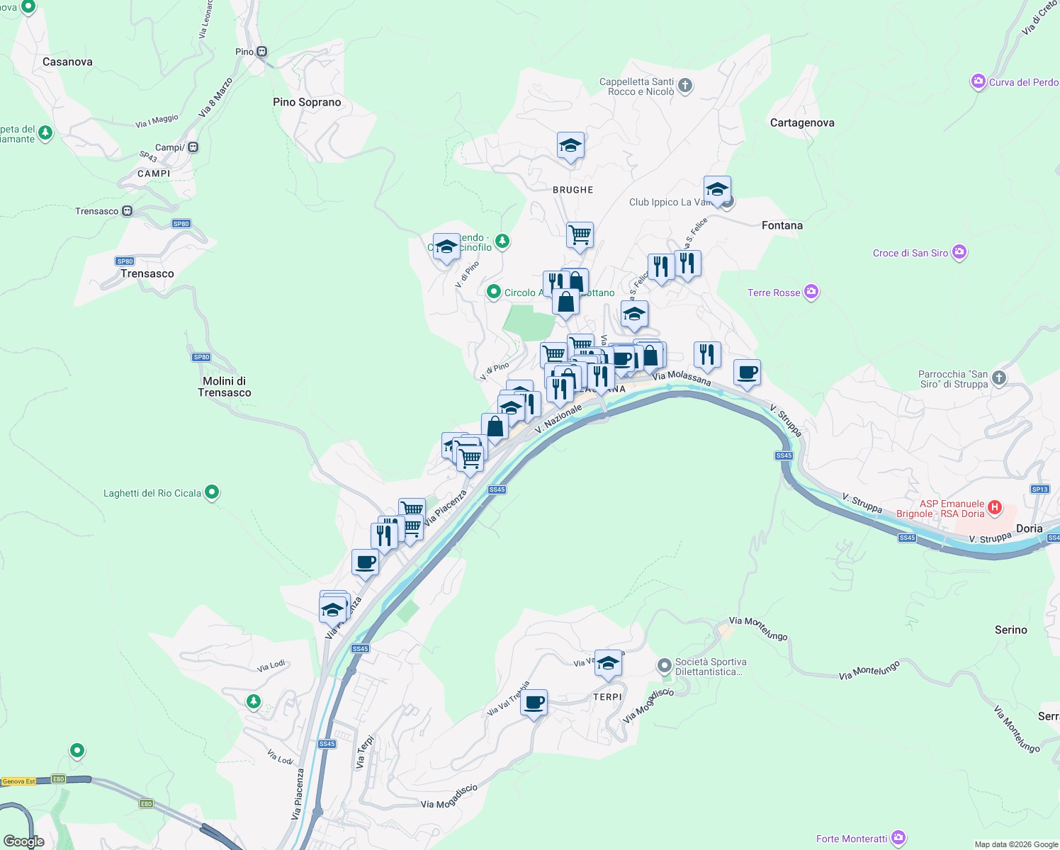 map of restaurants, bars, coffee shops, grocery stores, and more near 2 Via Mantova in Genova