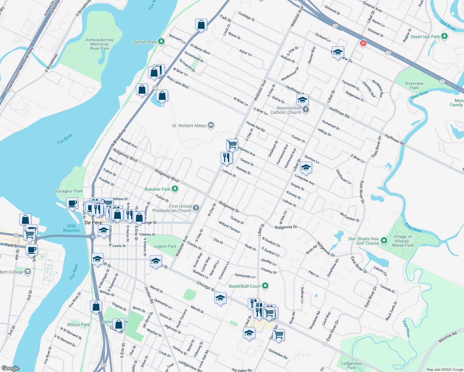map of restaurants, bars, coffee shops, grocery stores, and more near 841 Voelker Street in De Pere