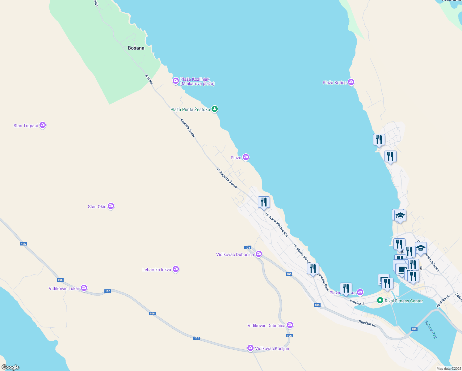 map of restaurants, bars, coffee shops, grocery stores, and more near 33 Ulica Augusta Šenoe in Pag