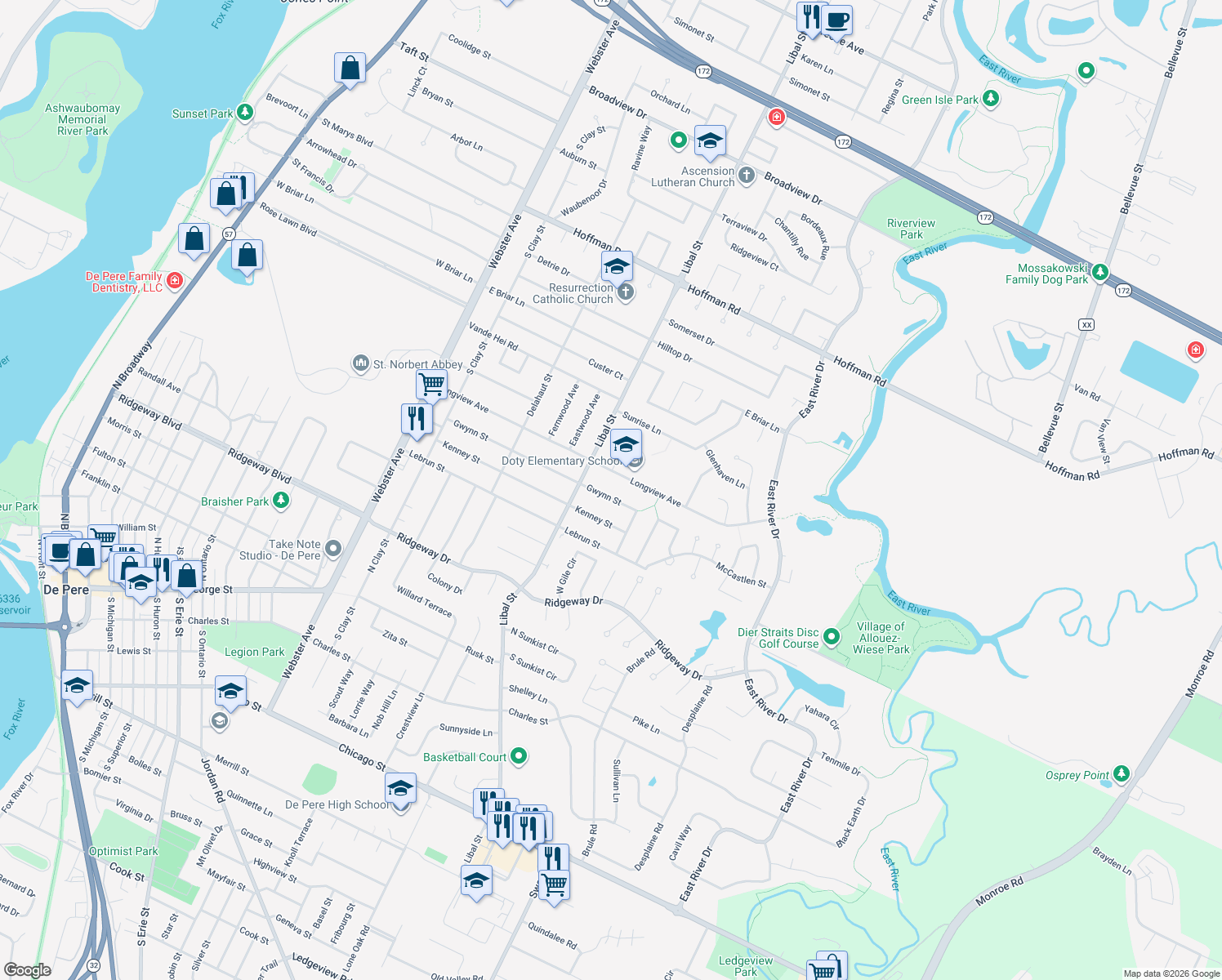 map of restaurants, bars, coffee shops, grocery stores, and more near 533 Gwynn Street in Green Bay