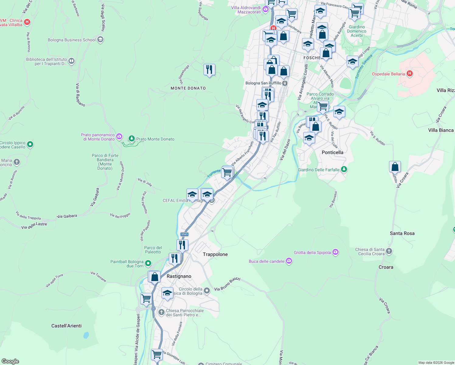 map of restaurants, bars, coffee shops, grocery stores, and more near Via Toscana in Bologna