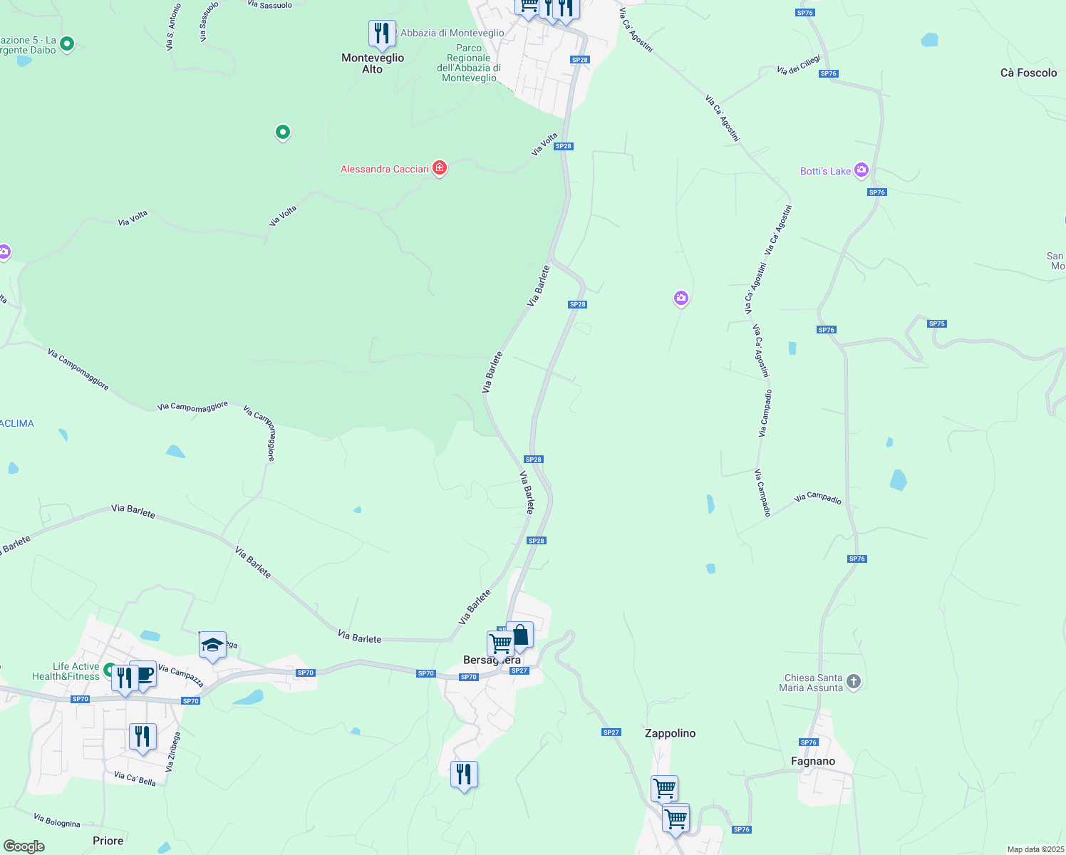 map of restaurants, bars, coffee shops, grocery stores, and more near Strada Provinciale 27 in Città Metropolitana di Bologna