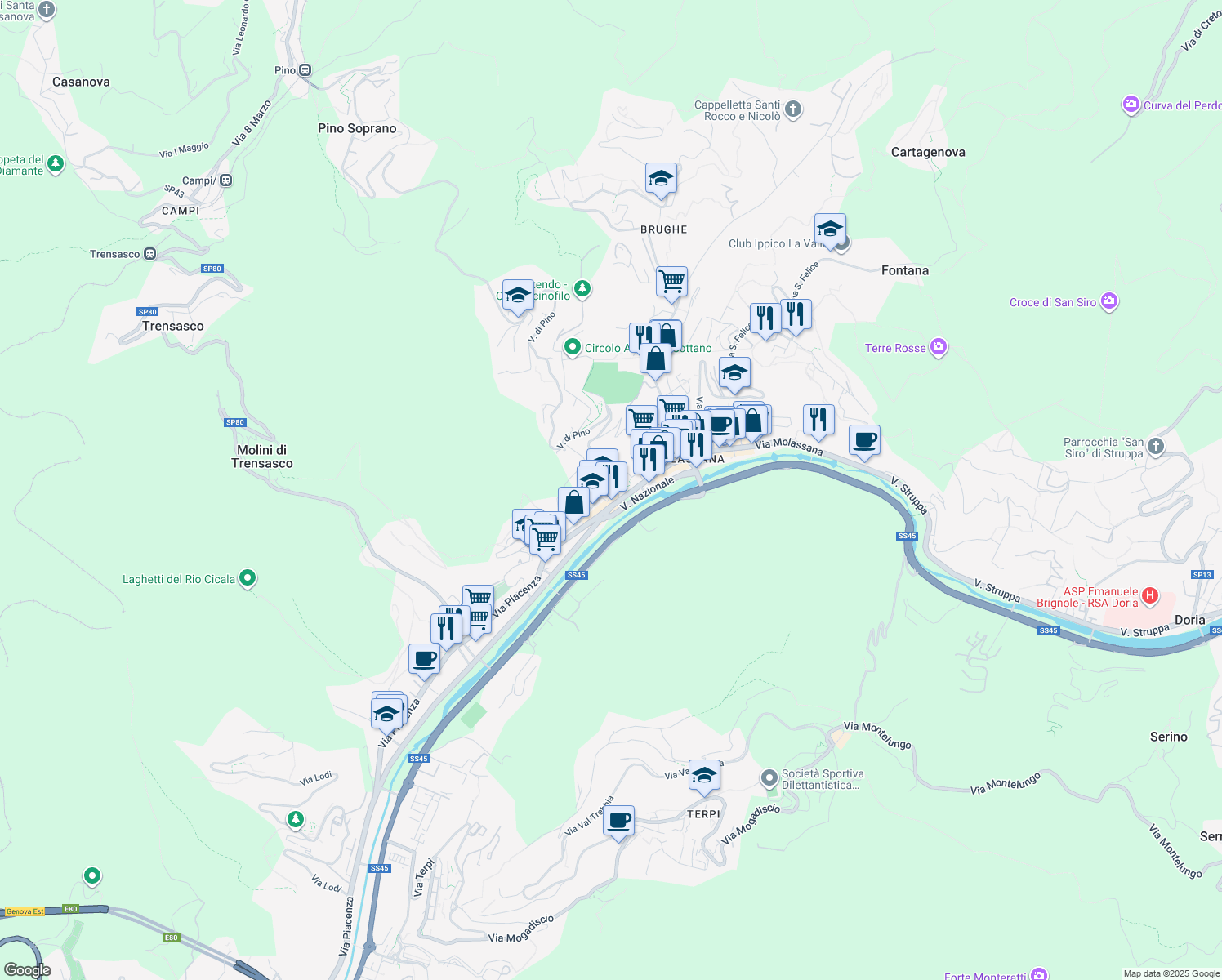 map of restaurants, bars, coffee shops, grocery stores, and more near 40 Via Molassana in Genova