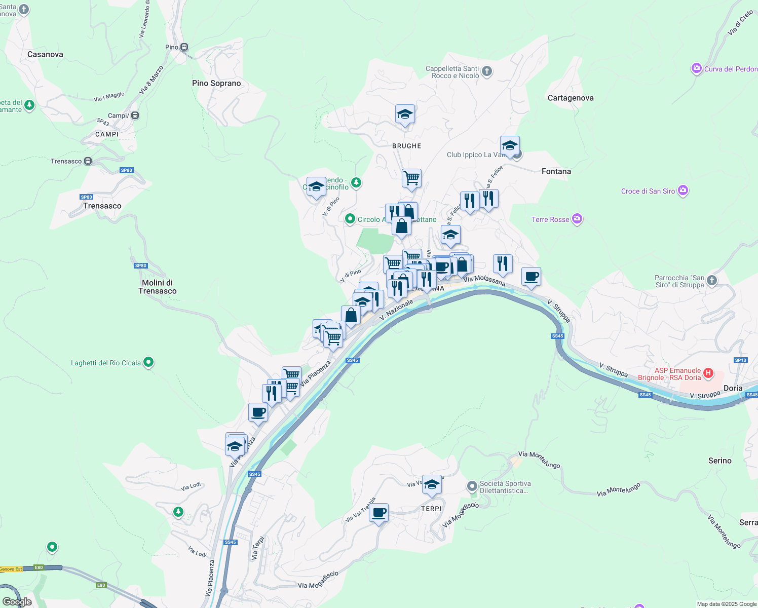 map of restaurants, bars, coffee shops, grocery stores, and more near 40 Via Molassana in Genova