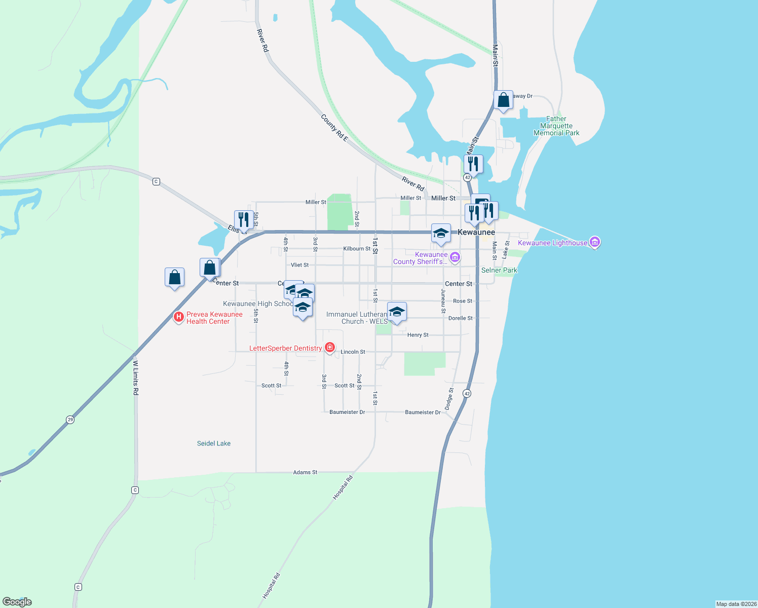 map of restaurants, bars, coffee shops, grocery stores, and more near 822 Rose St in Kewaunee