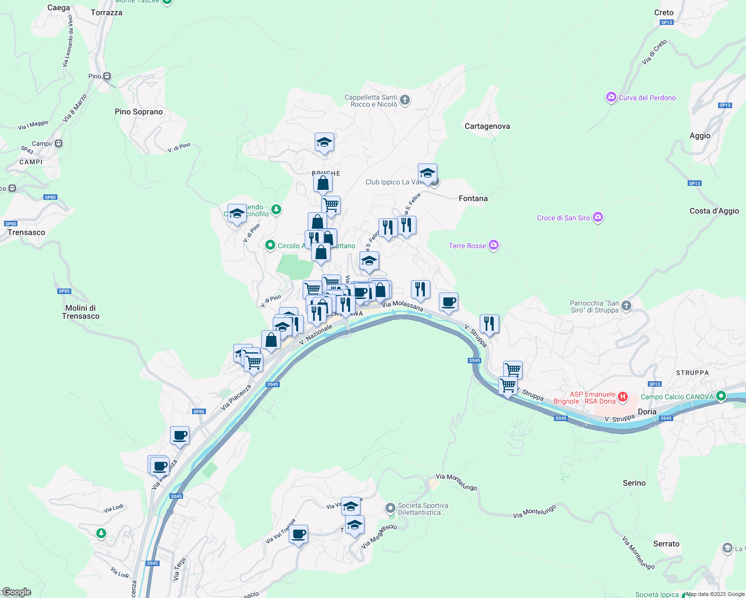 map of restaurants, bars, coffee shops, grocery stores, and more near 3B Via San Felice in Genova