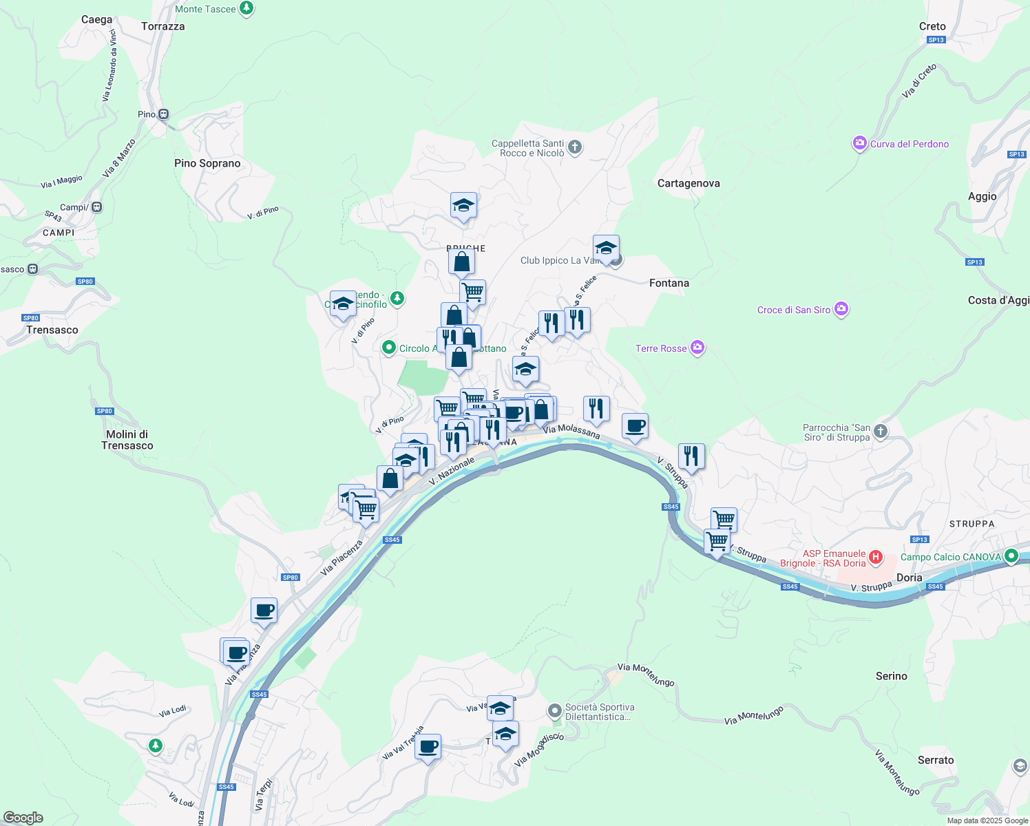 map of restaurants, bars, coffee shops, grocery stores, and more near 3B Via San Felice in Genova