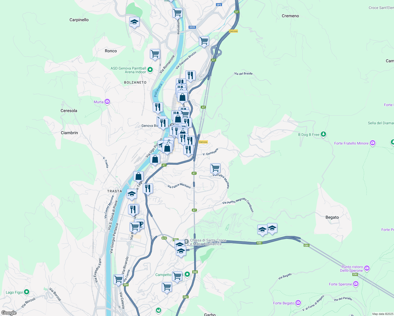 map of restaurants, bars, coffee shops, grocery stores, and more near 1C Via Geminiano in Genova