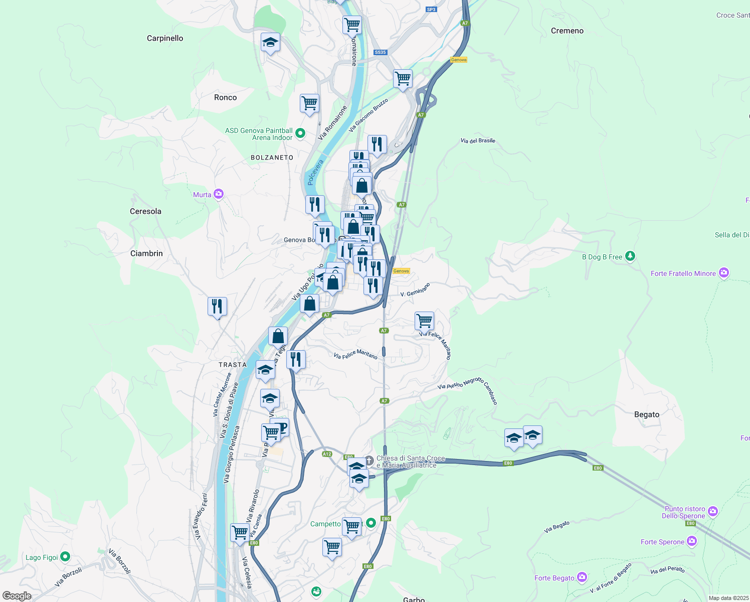 map of restaurants, bars, coffee shops, grocery stores, and more near 56 Via Giro del Vento in Genova
