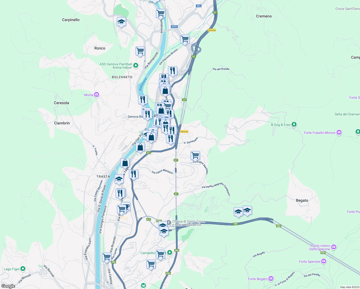 map of restaurants, bars, coffee shops, grocery stores, and more near 1C Via Geminiano in Genova