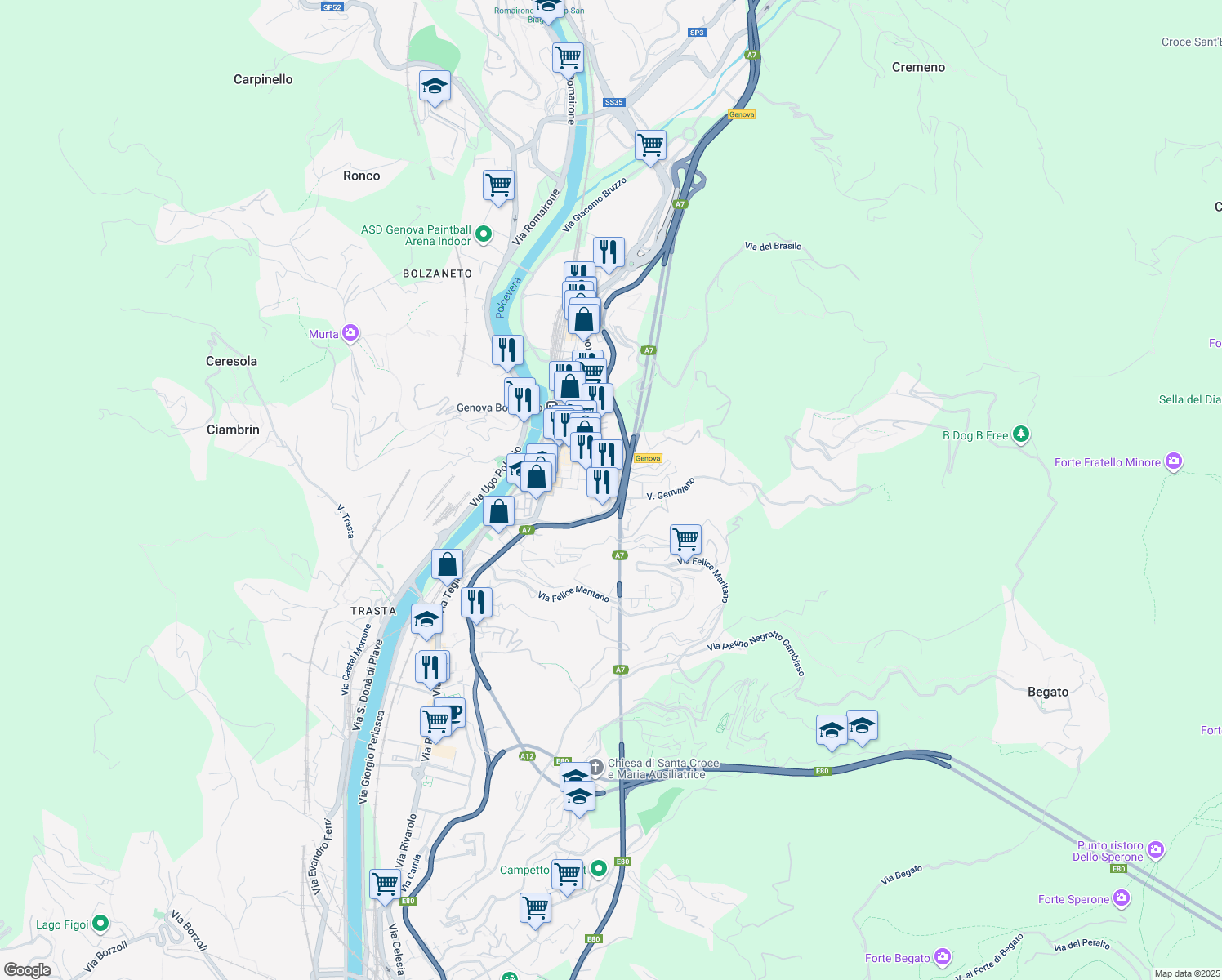 map of restaurants, bars, coffee shops, grocery stores, and more near 1C Via Geminiano in Genova