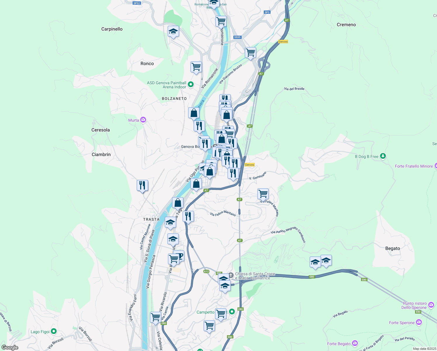 map of restaurants, bars, coffee shops, grocery stores, and more near 56 Via Giro del Vento in Genova