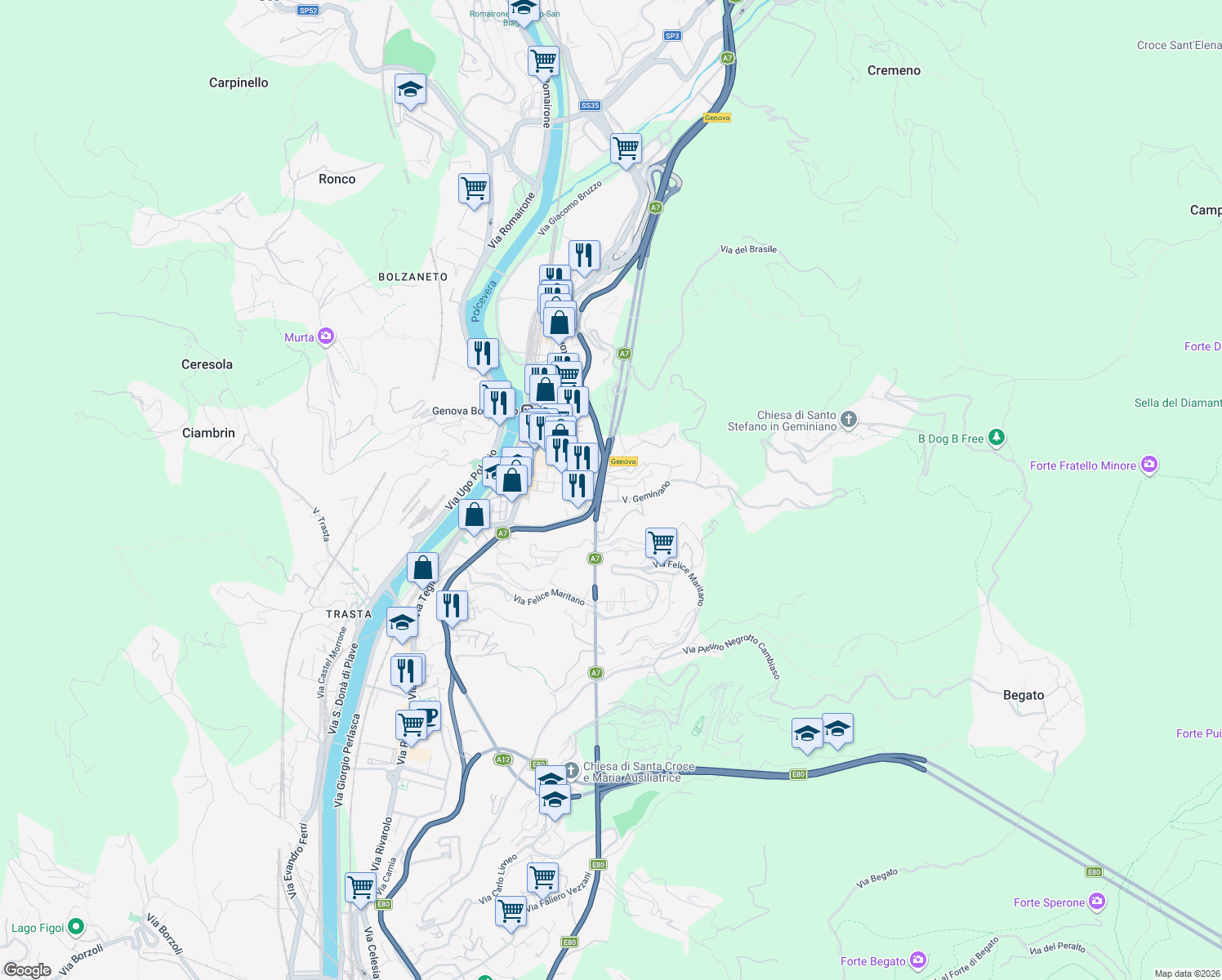 map of restaurants, bars, coffee shops, grocery stores, and more near 1C Via Geminiano in Genova
