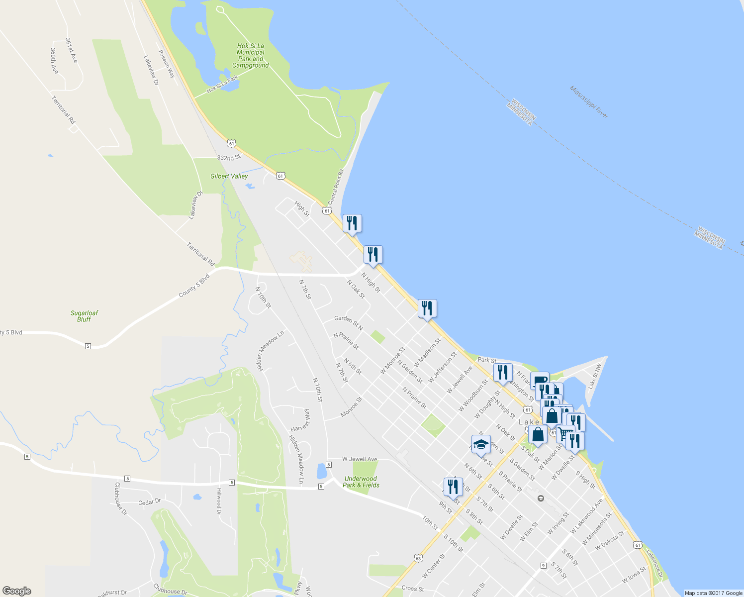 map of restaurants, bars, coffee shops, grocery stores, and more near 1208 North Oak Street in Lake City