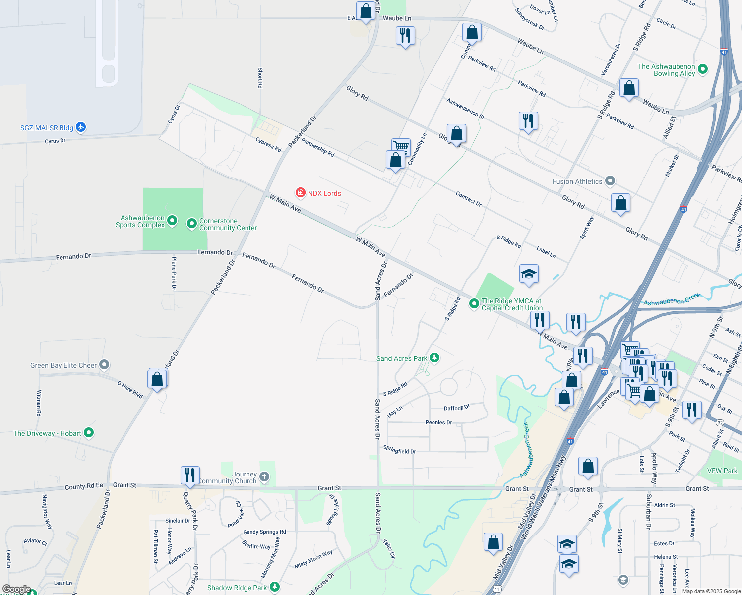 map of restaurants, bars, coffee shops, grocery stores, and more near 3550 Sand Acres Drive in De Pere