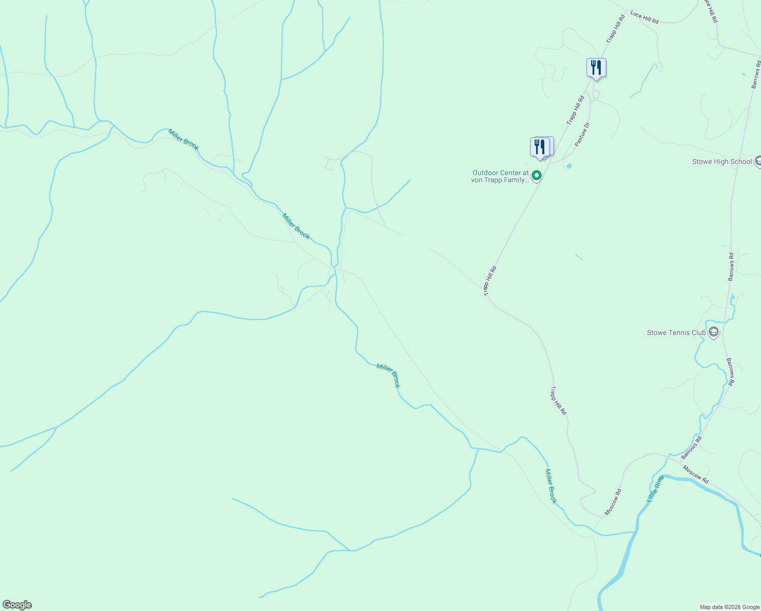 map of restaurants, bars, coffee shops, grocery stores, and more near 1296 Nebraska Valley Road in Stowe