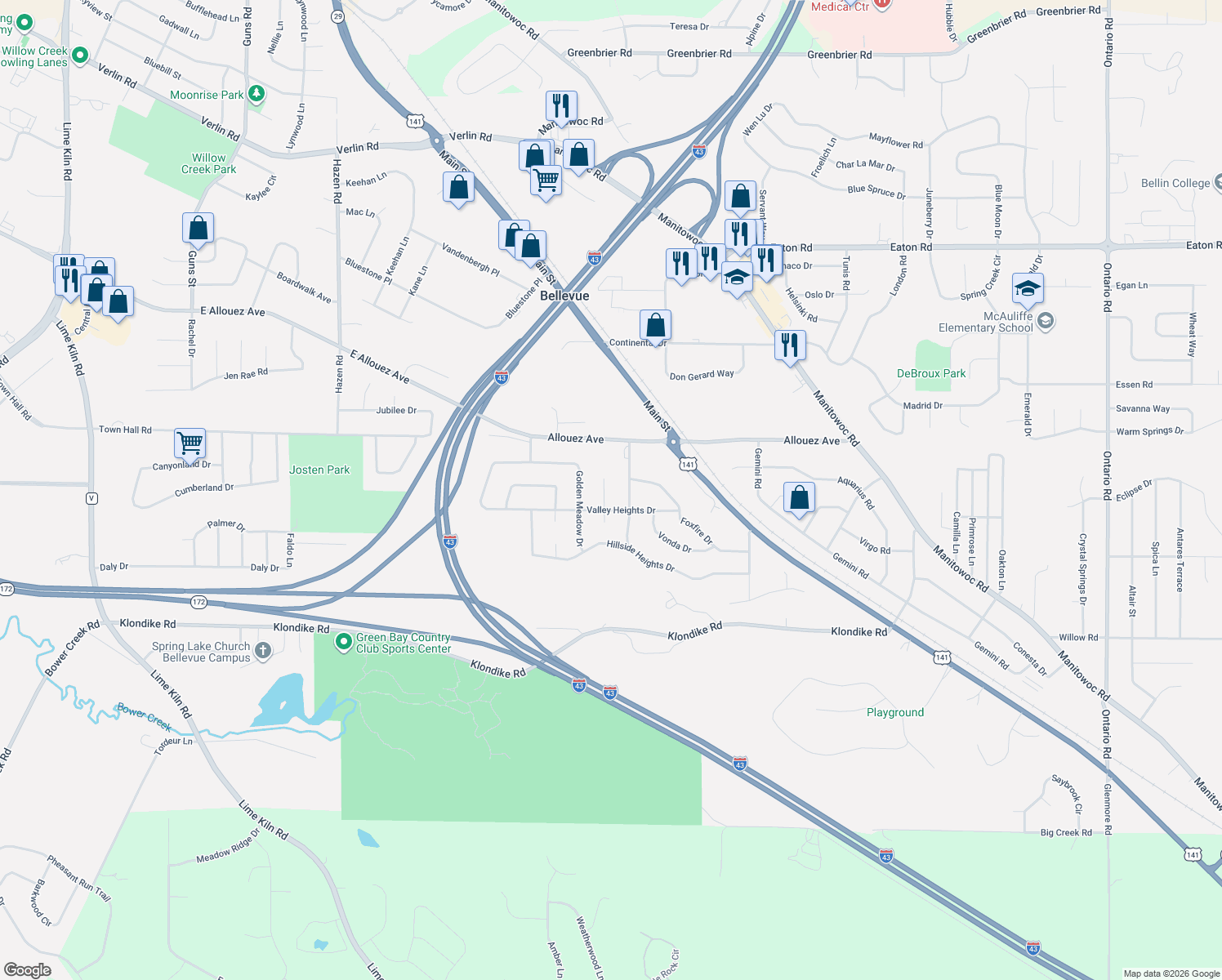 map of restaurants, bars, coffee shops, grocery stores, and more near 2419 Curtis Court in Green Bay