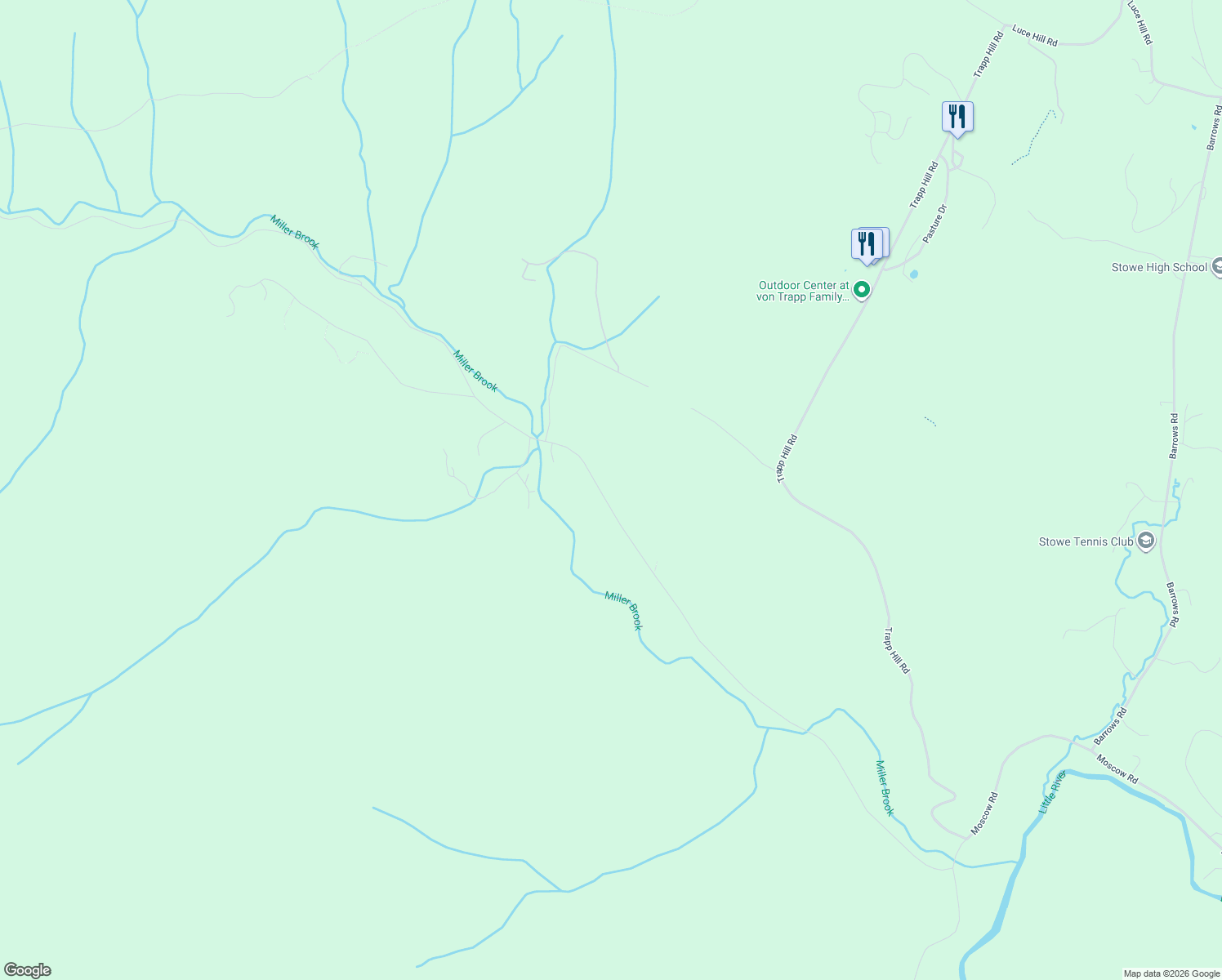 map of restaurants, bars, coffee shops, grocery stores, and more near 1296 Nebraska Valley Road in Stowe