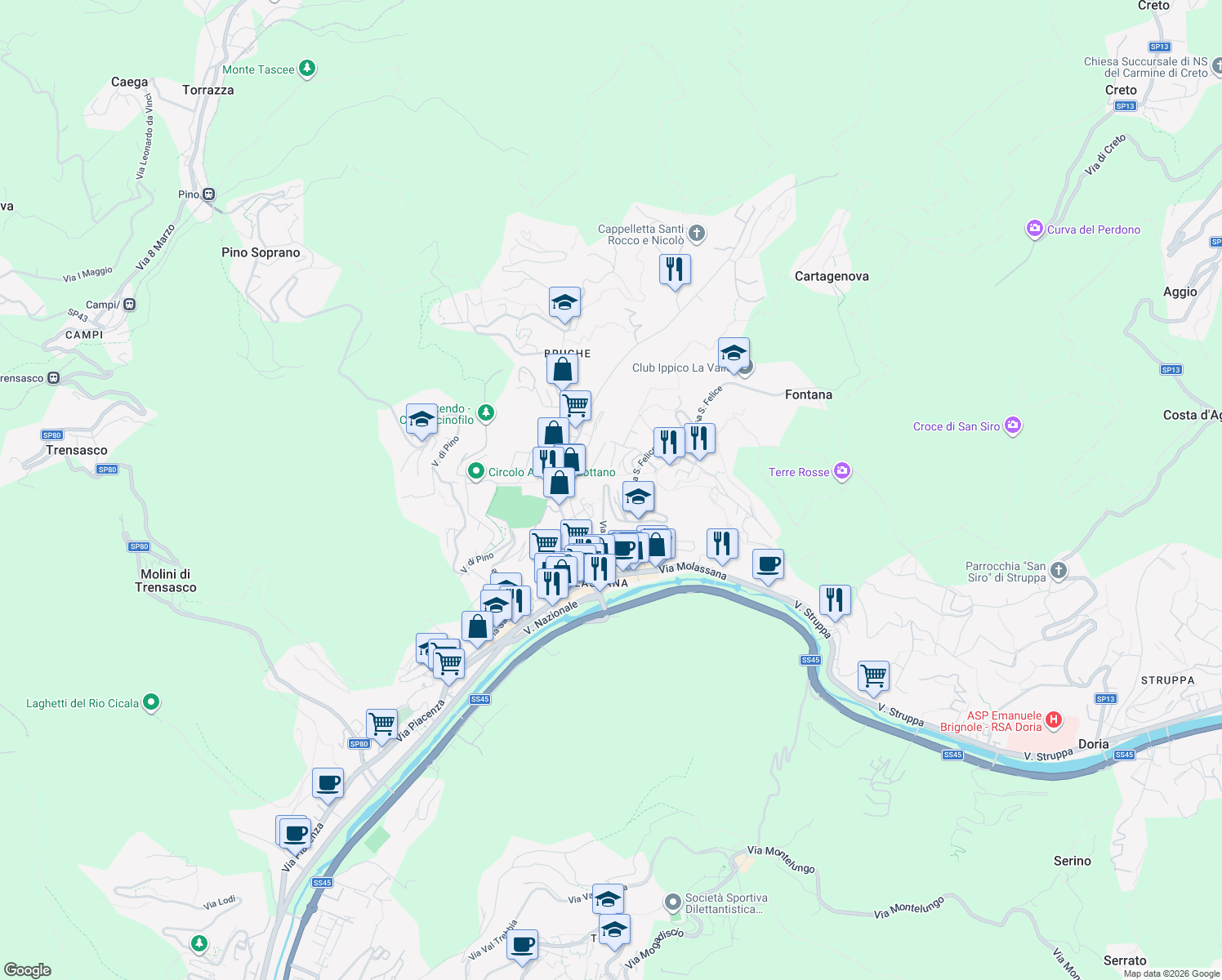 map of restaurants, bars, coffee shops, grocery stores, and more near 11b Via Antonio Sertoli in Genova