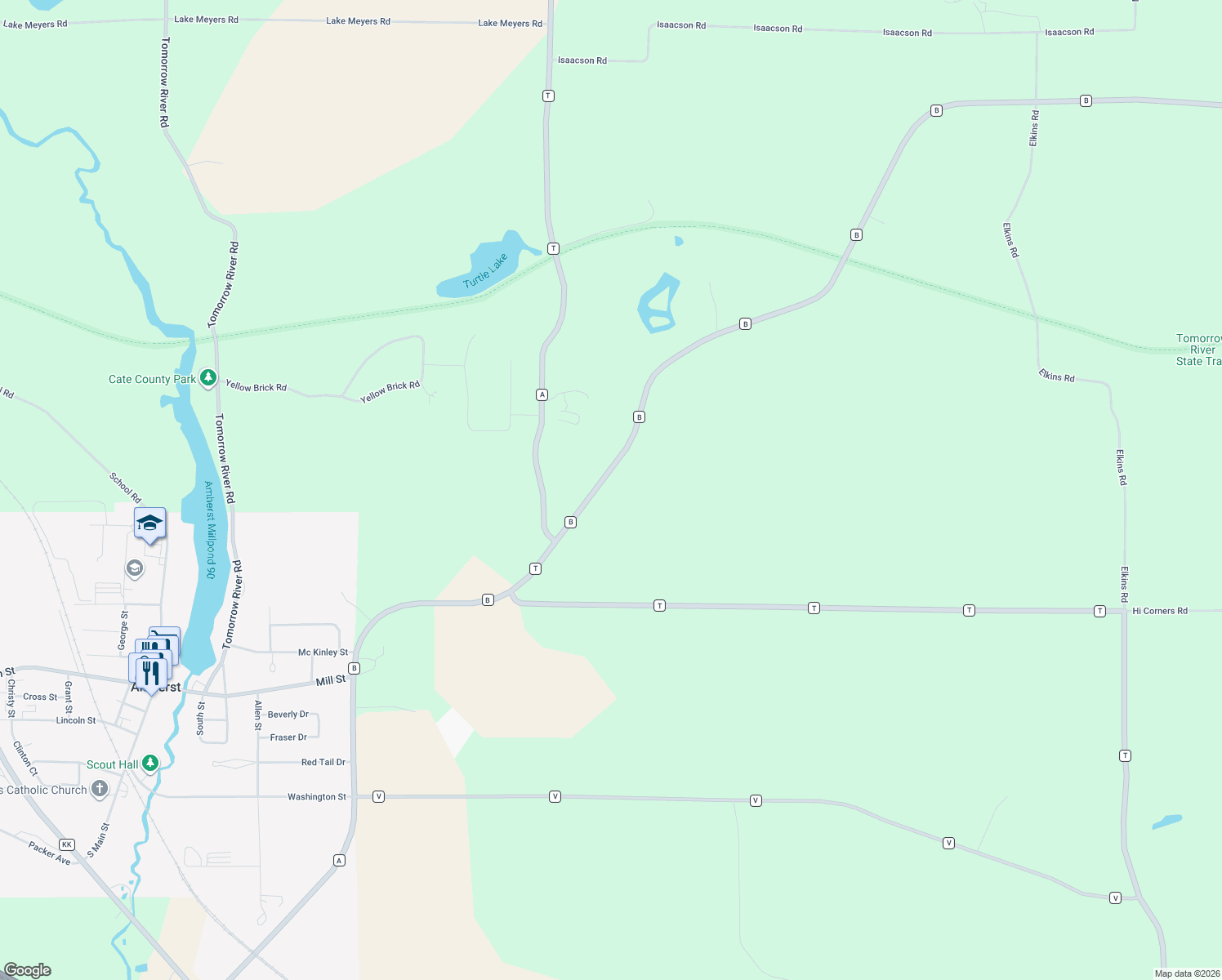 map of restaurants, bars, coffee shops, grocery stores, and more near 10469 County Road B in Amherst