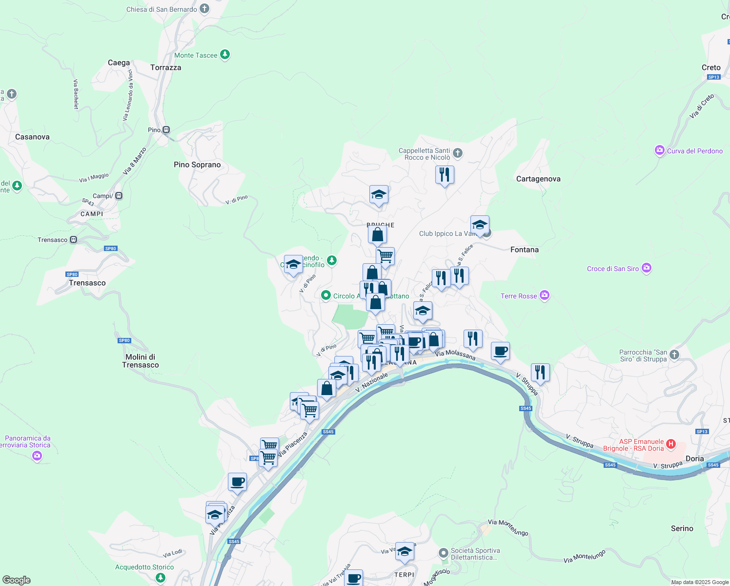 map of restaurants, bars, coffee shops, grocery stores, and more near 2 Salita di Pino Sottano in Genova